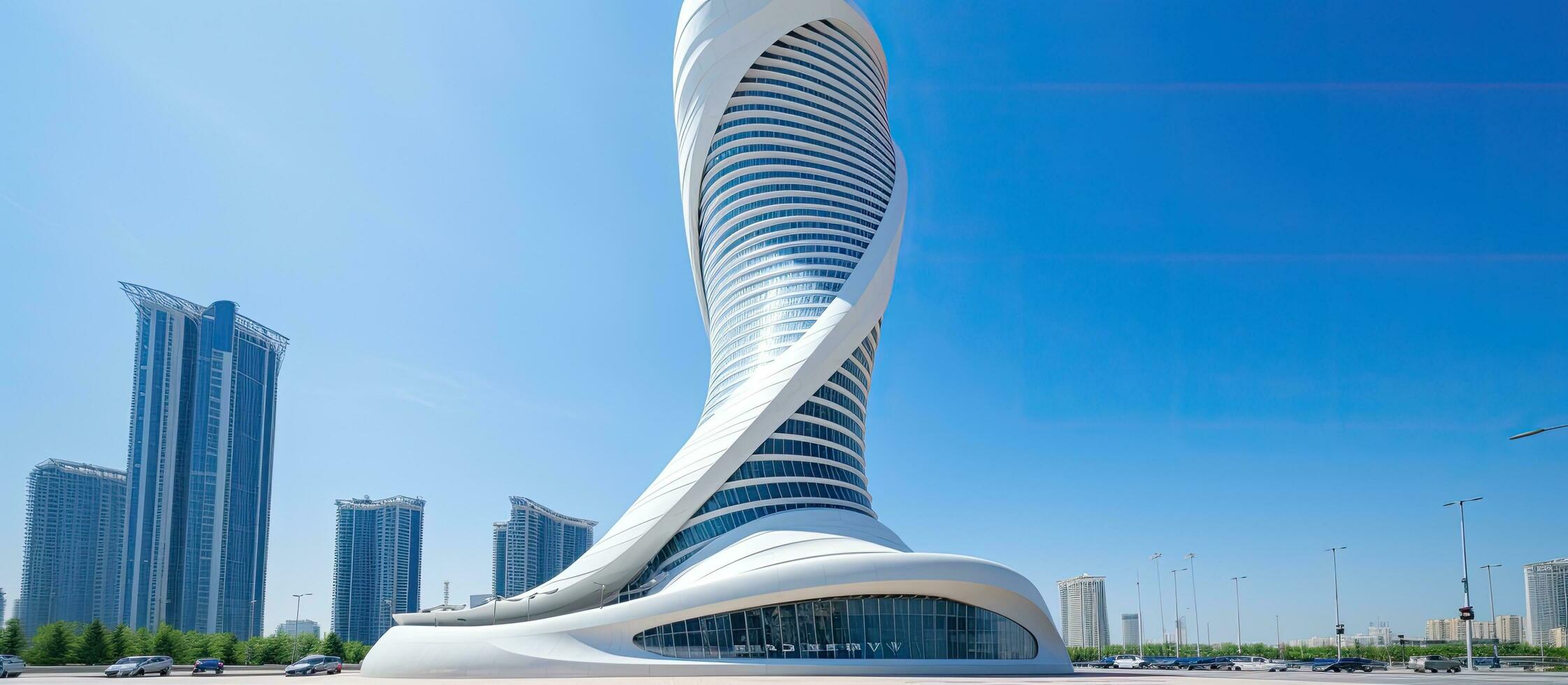 A beautiful modern skyscraper with a futuristic design is seen in the downtown area of the city. photo