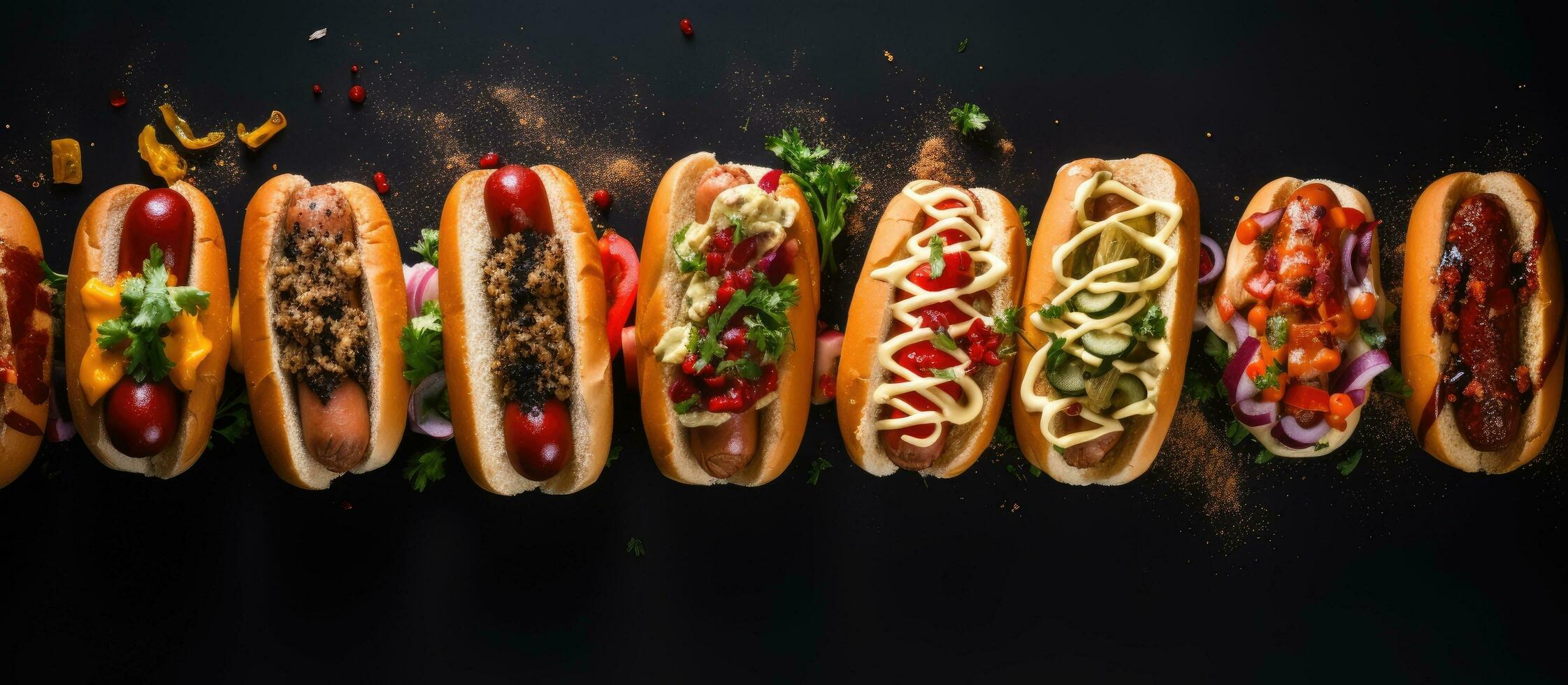 A dark background with various toppings on hot dogs. food background with space for text, seen photo