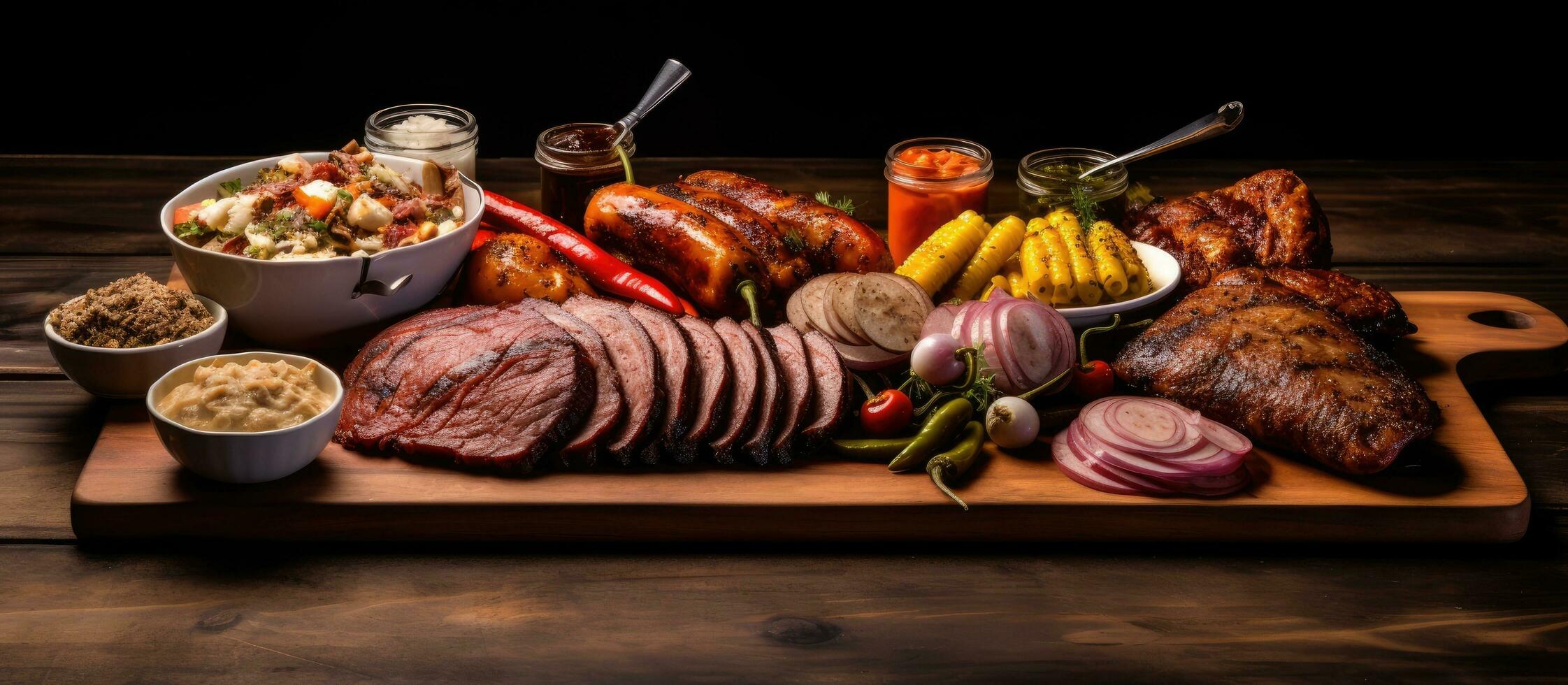 Texas BBQ platter placed on a wooden table with copy space available. photo