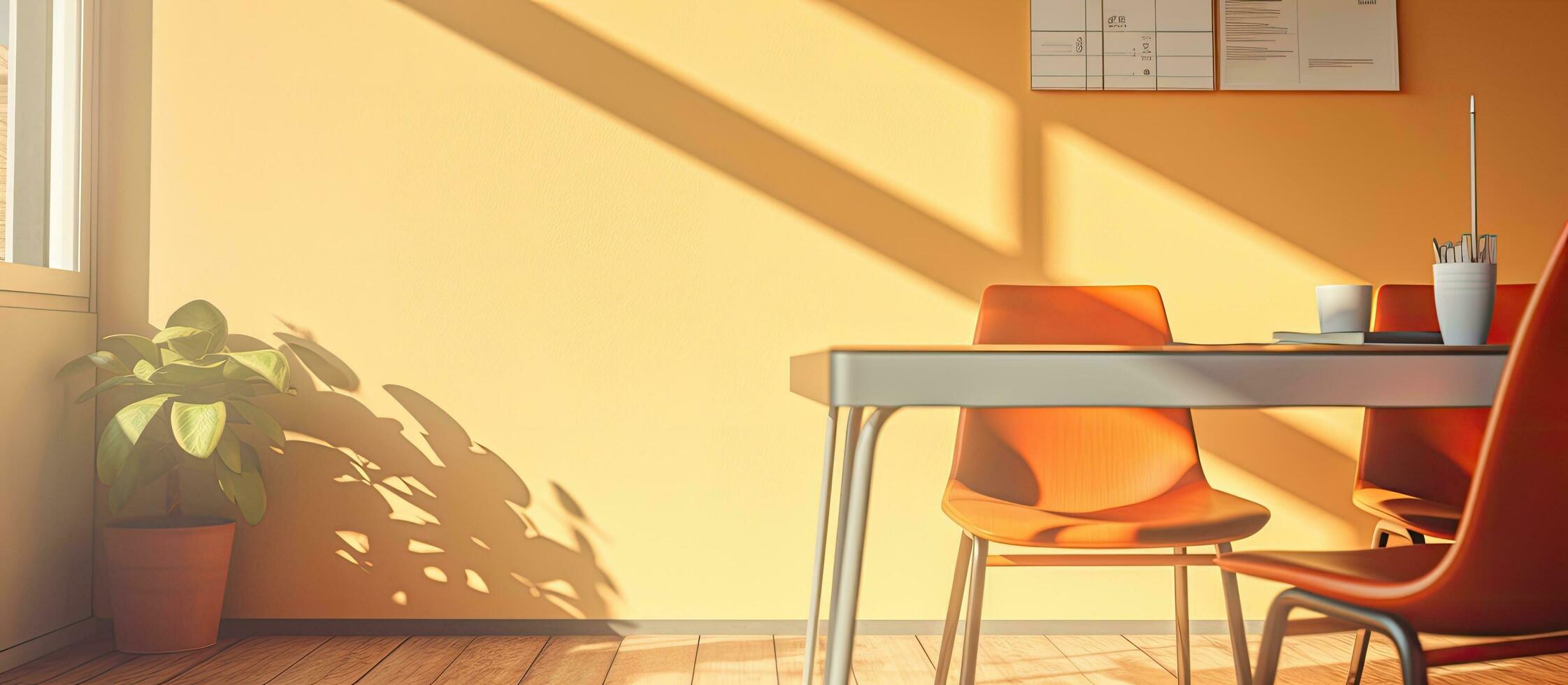 A sunny urban office meeting room with chairs, a table with documents, and a coffee cup on it. photo