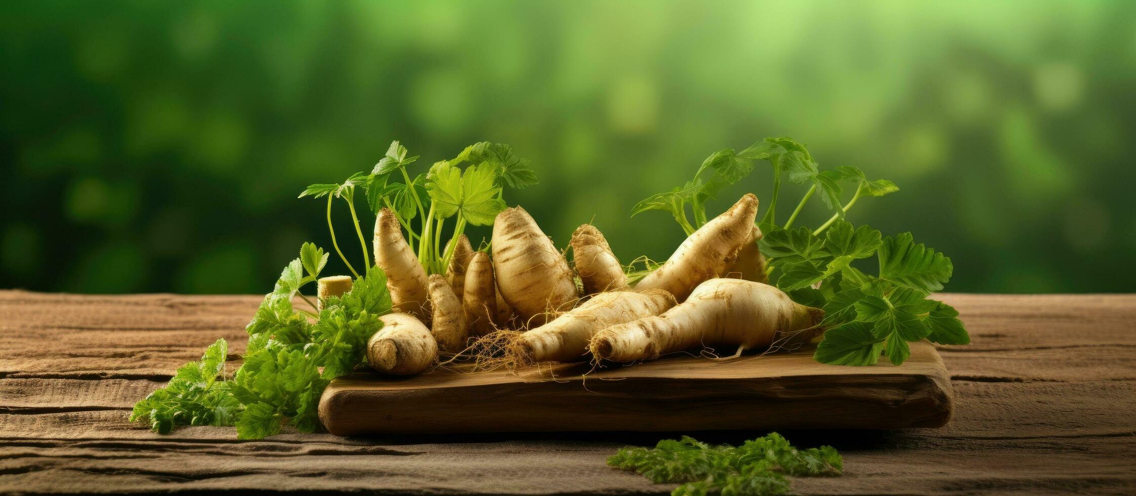 Ginseng roots and slices are placed on a rectangular wooden plate against a natural background photo