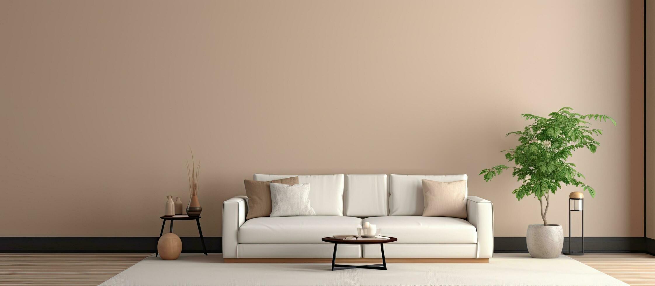 template for a minimalist home decor with a beige sofa, side table, leaf in a vase, pouf, elegant photo