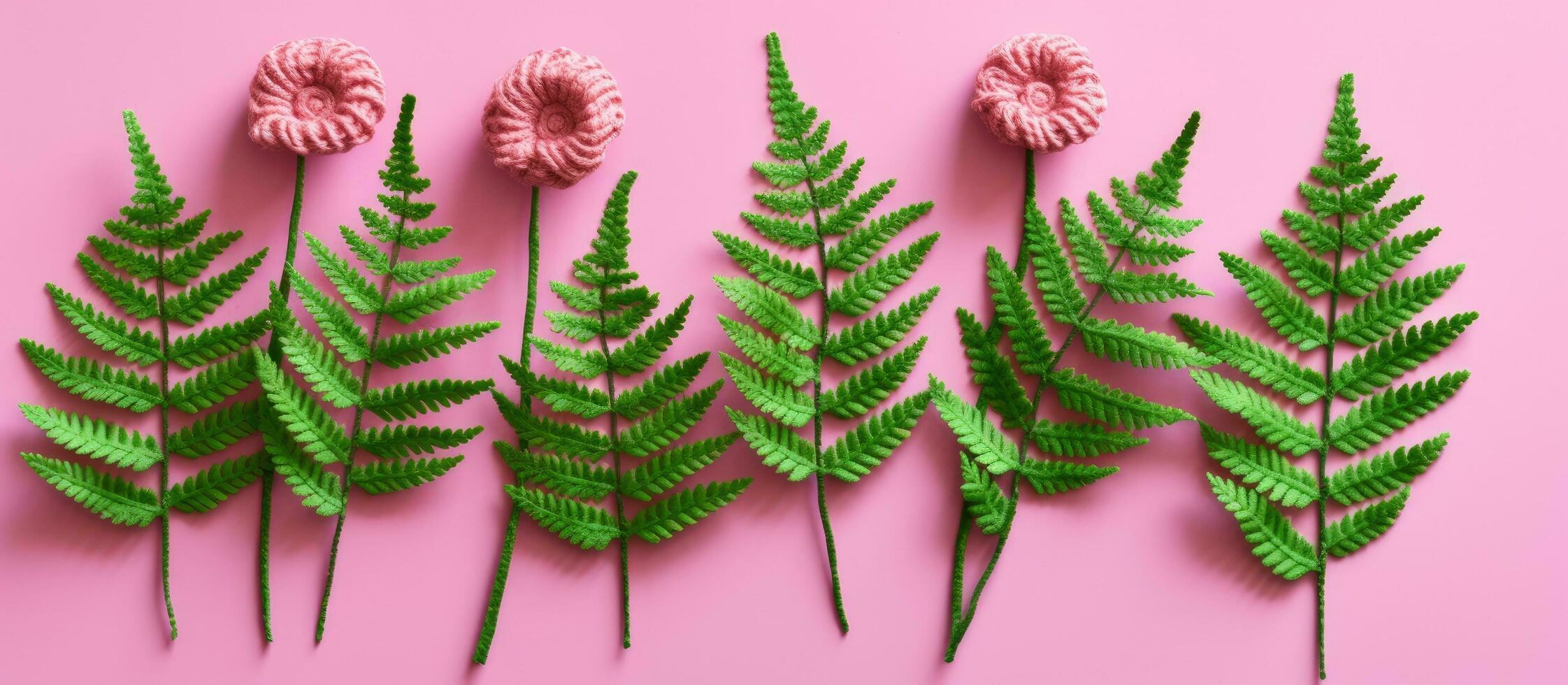 Green fern leaves crocheted on a pink background with room for text. This design features a photo