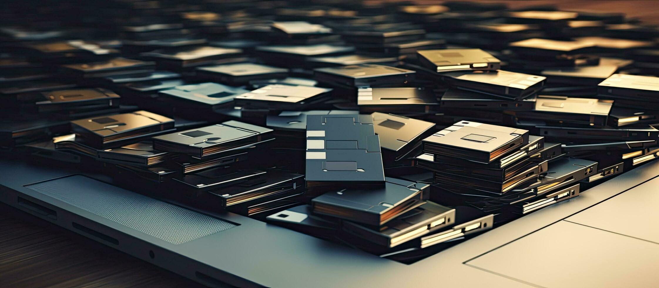 A small USB flash drive is placed next to a pile of old file folders or ring binders, representing photo