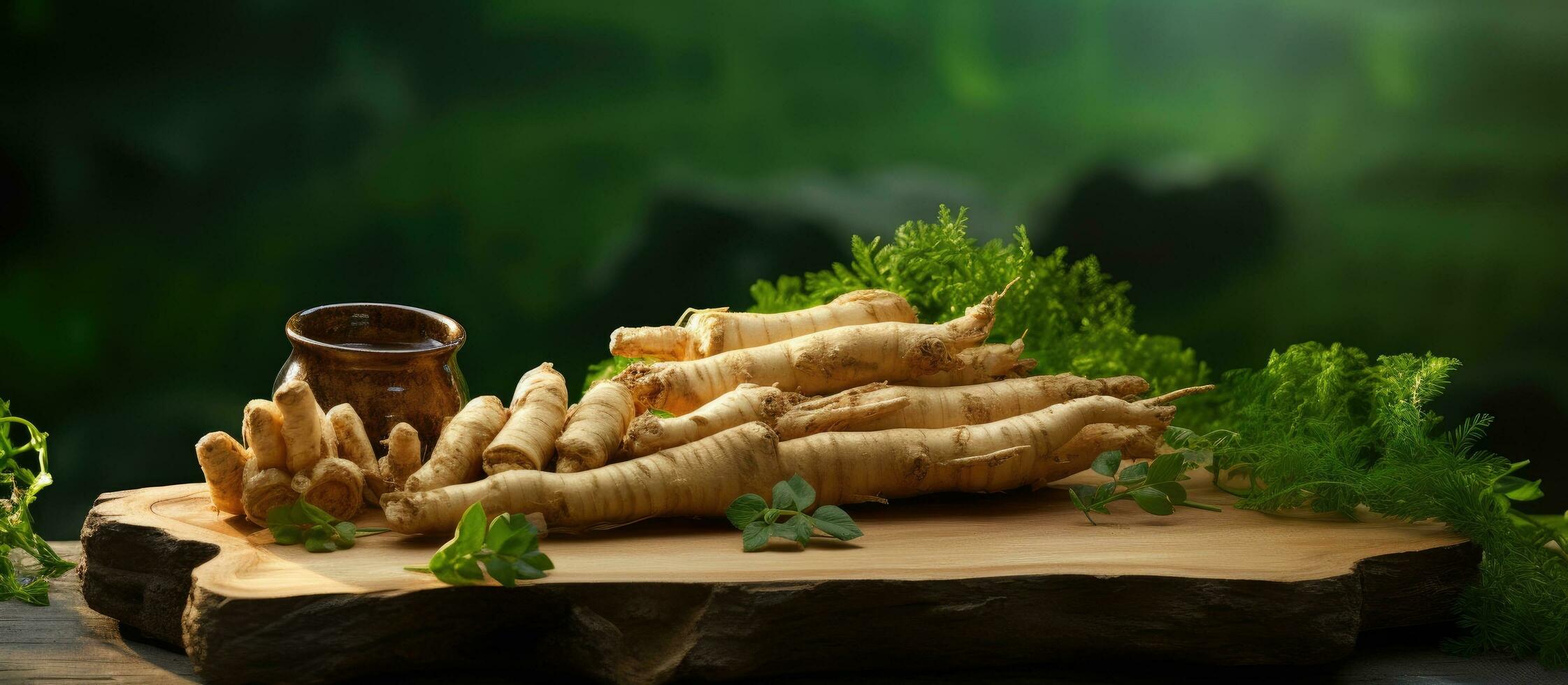 Ginseng roots and slices are placed on a rectangular wooden plate against a natural background photo