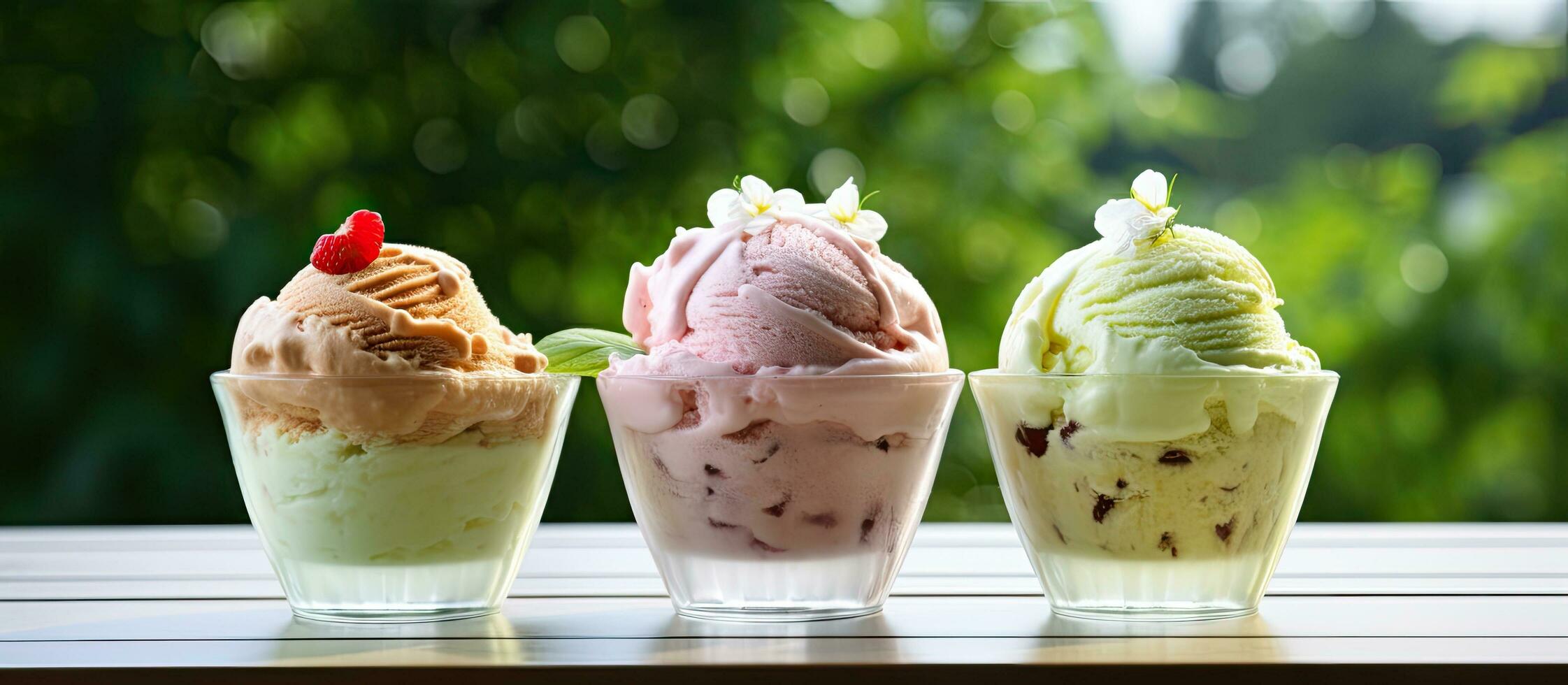 There are three different flavors of ice cream, placed on a metal stand on an outdoor table photo