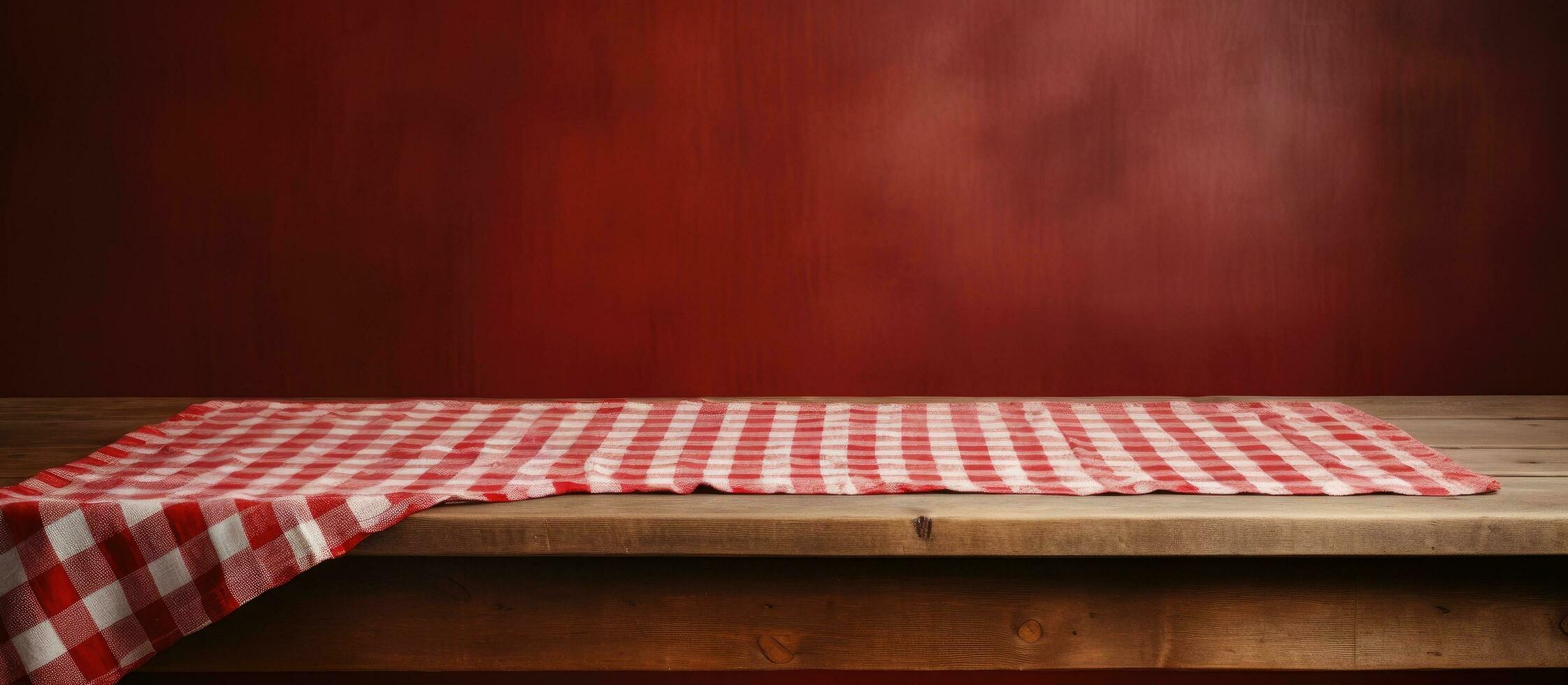 A white, old, vintage wooden table is adorned with a red checkered tablecloth. photo