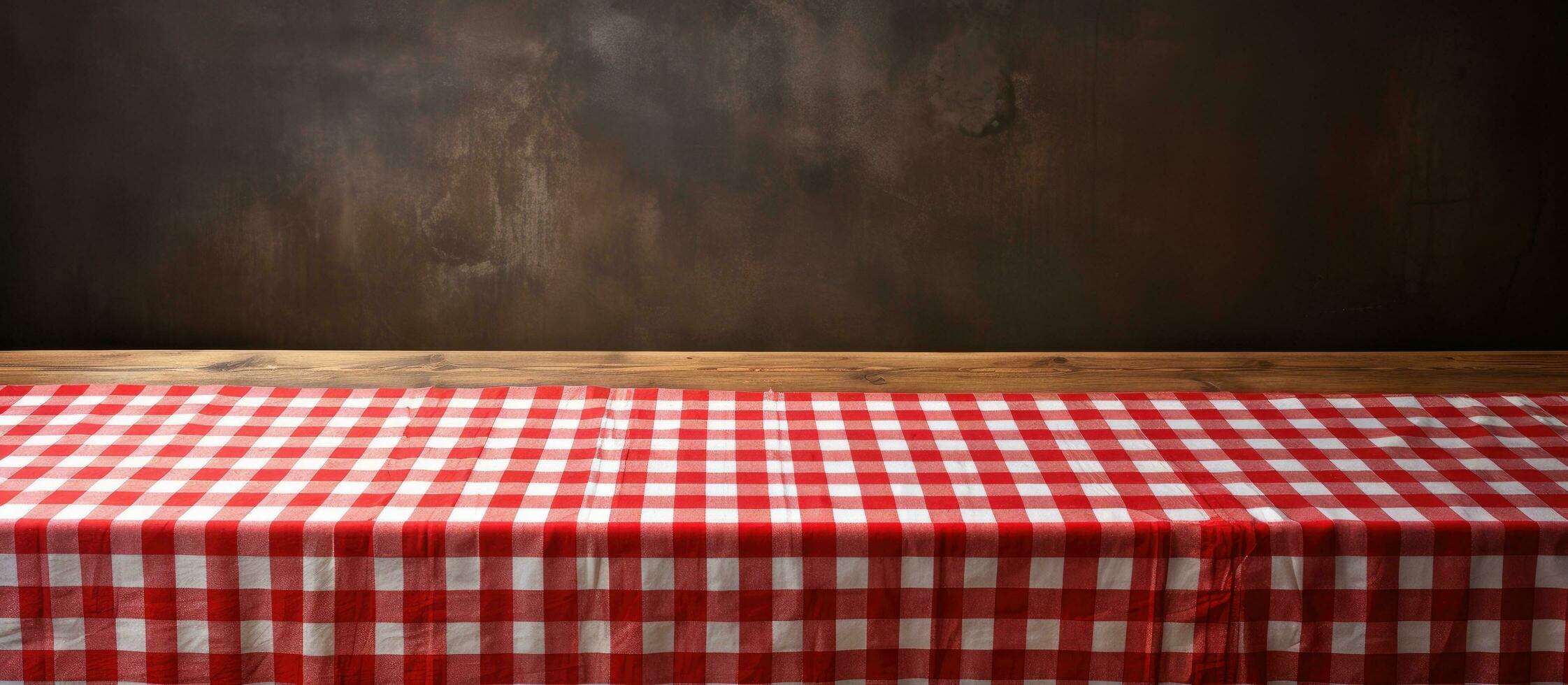 A white, old, vintage wooden table is adorned with a red checkered tablecloth. photo