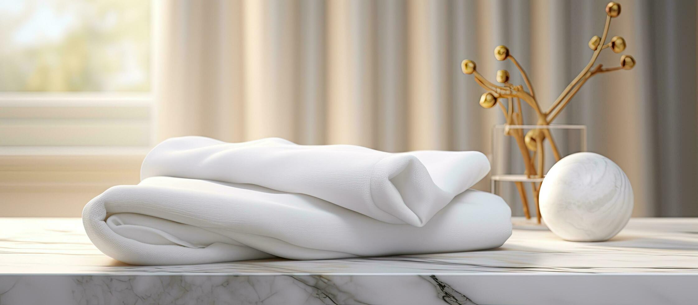 Soft, warm plush fabric with a textured appearance is arranged in elegant folds on a white marble photo