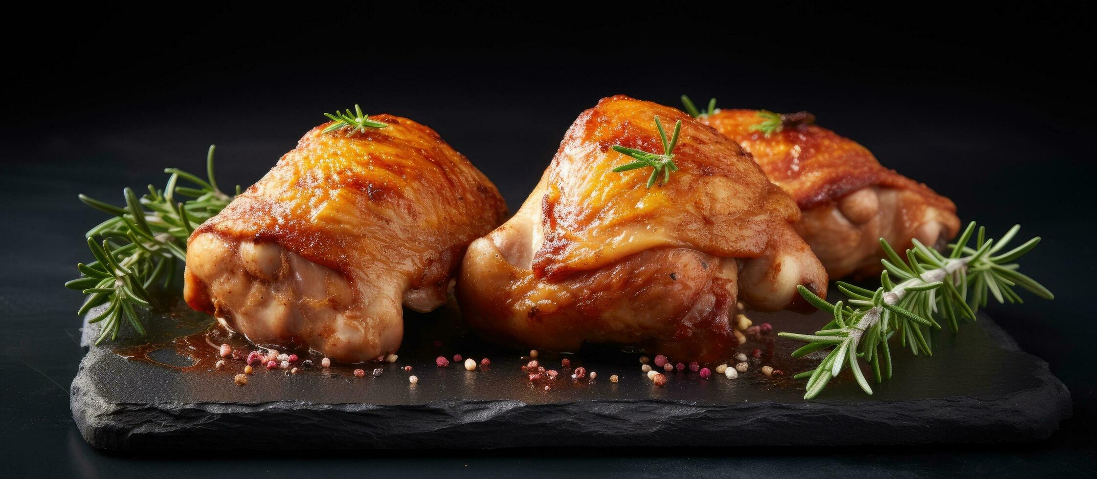 Skinless chicken thighs placed on a stone background with empty space for text. photo