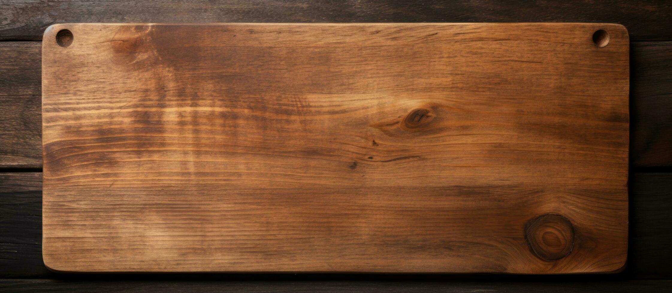 old cutting board on a dark wooden table. The view is from above and space available for copying. photo