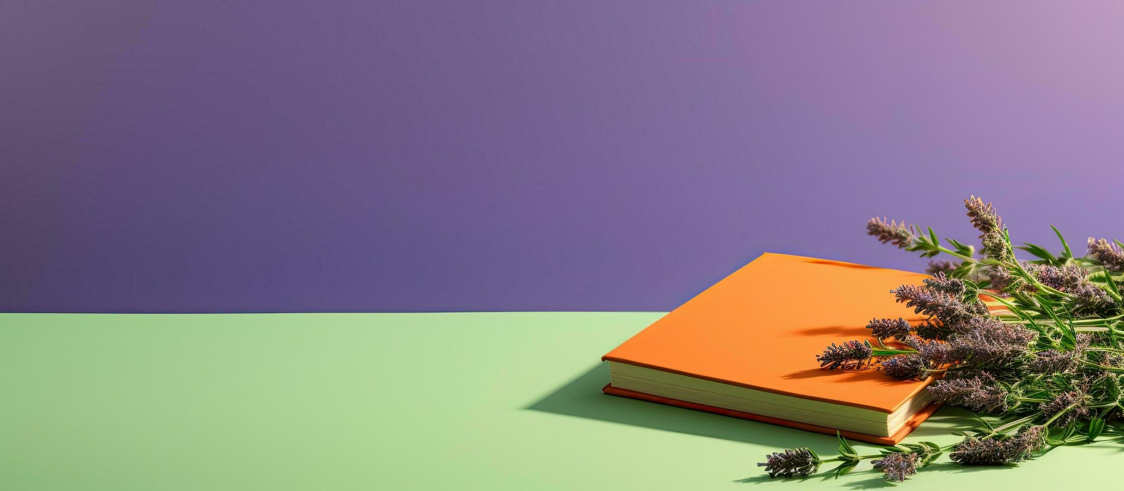 A banner with space for text featuring an orange book or notebook with lavender flowers inside, photo