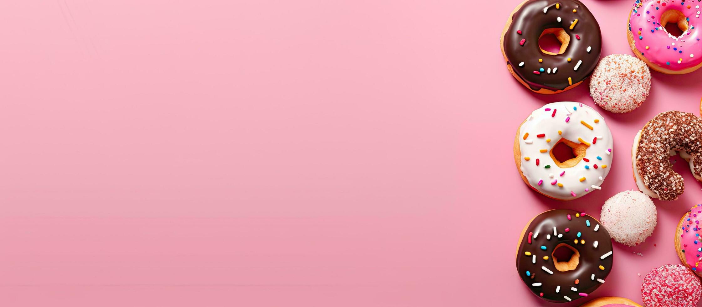 donuts with sprinkles on a pink background, representing a concept of sugar, calories, and homemade photo