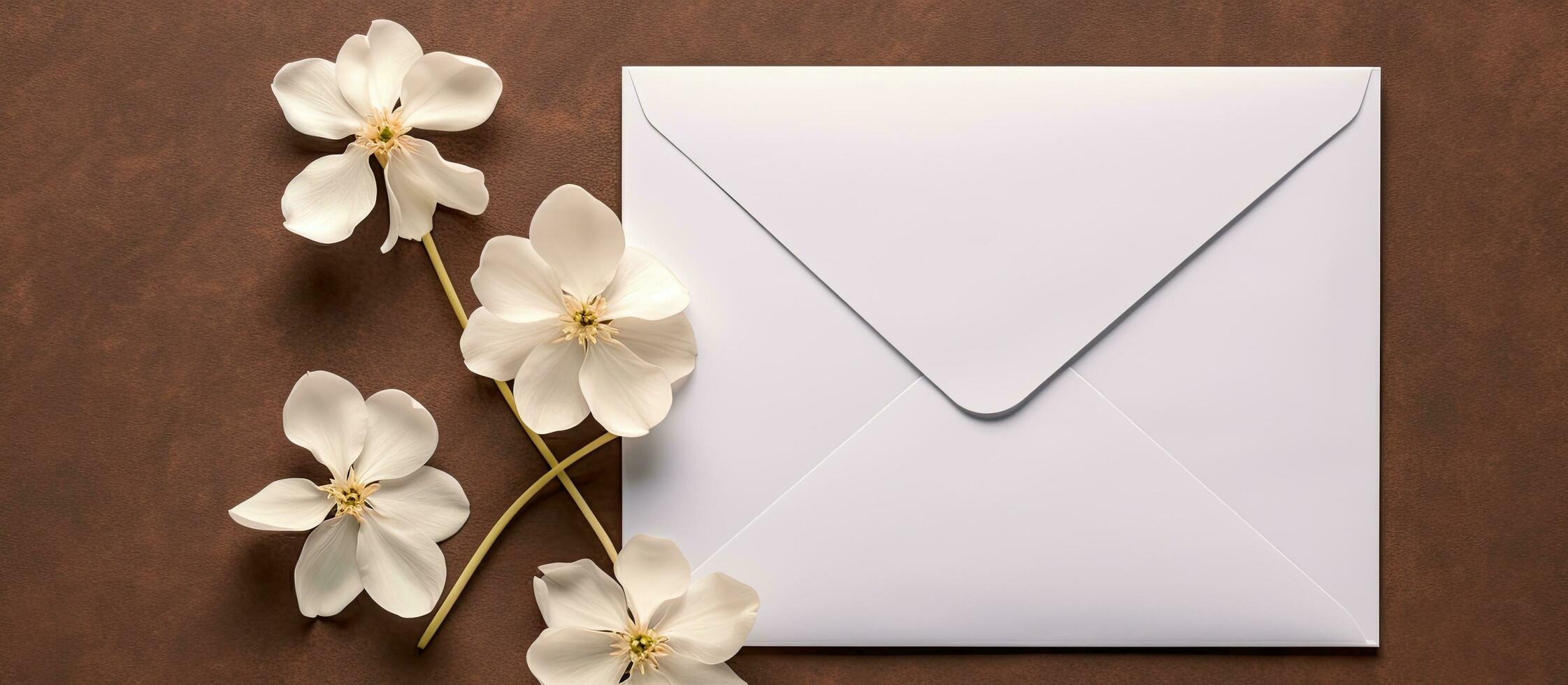 Top view mockup of a blank paper greeting card with an envelope and white flowers, along with photo