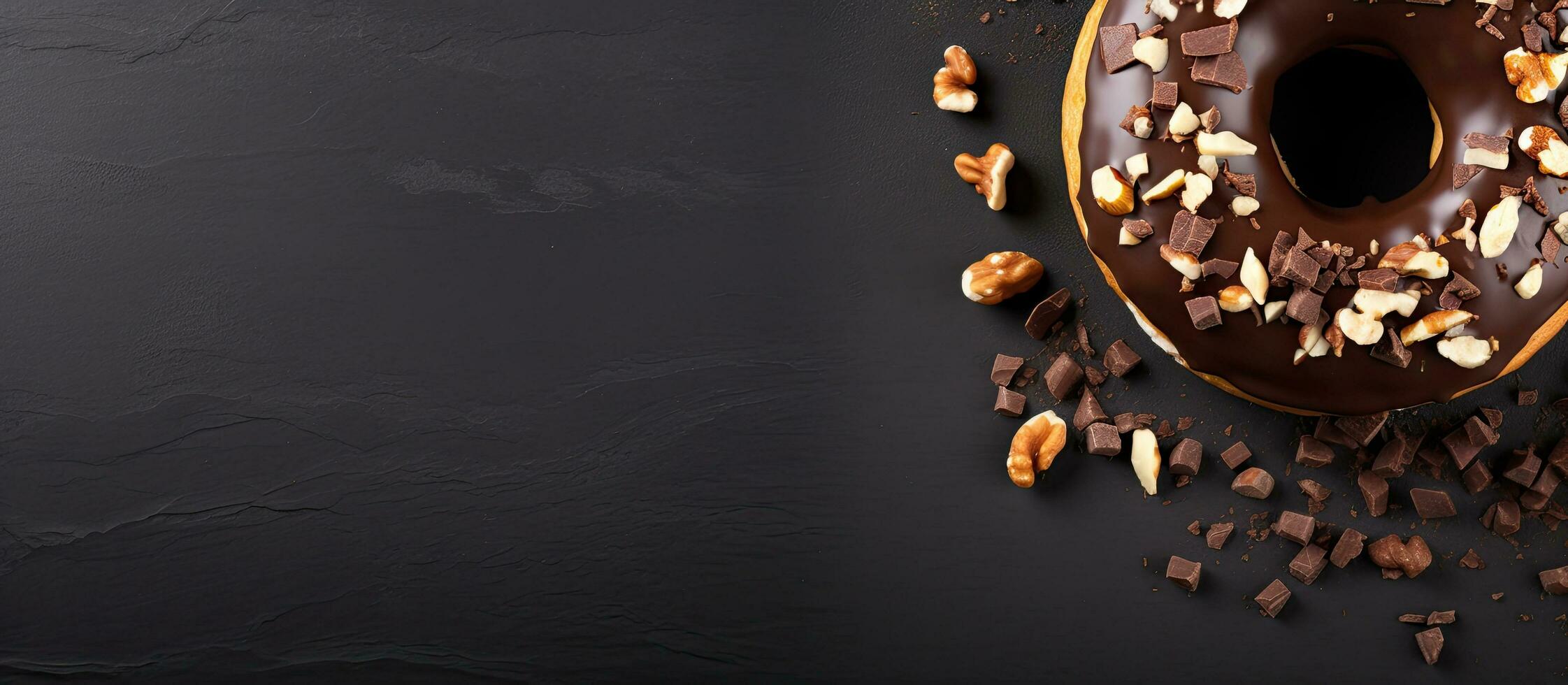 Top View Half Donut With Chocolate Icing With Walnut On A Dark Background. Banner, Mockup, Space photo