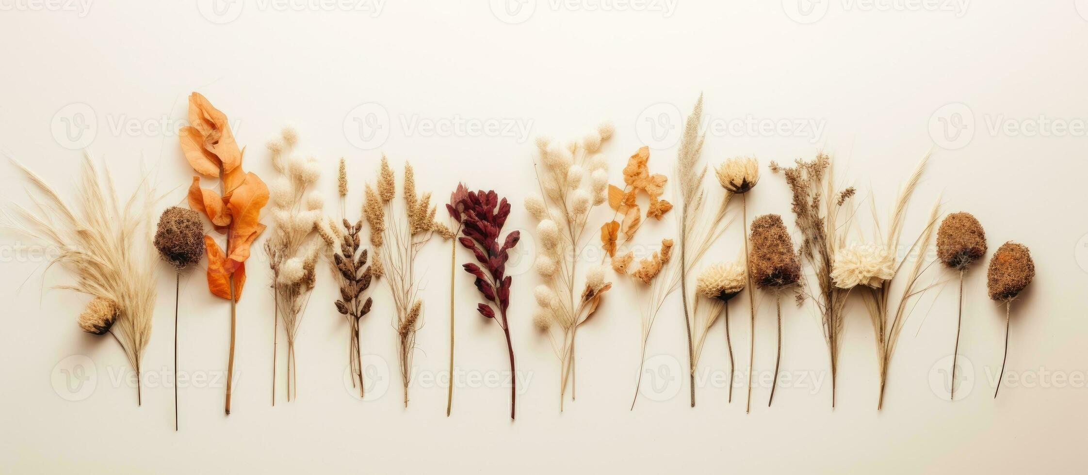 Minimal style photography featuring dried flowers arranged in a creative and natural composition, photo