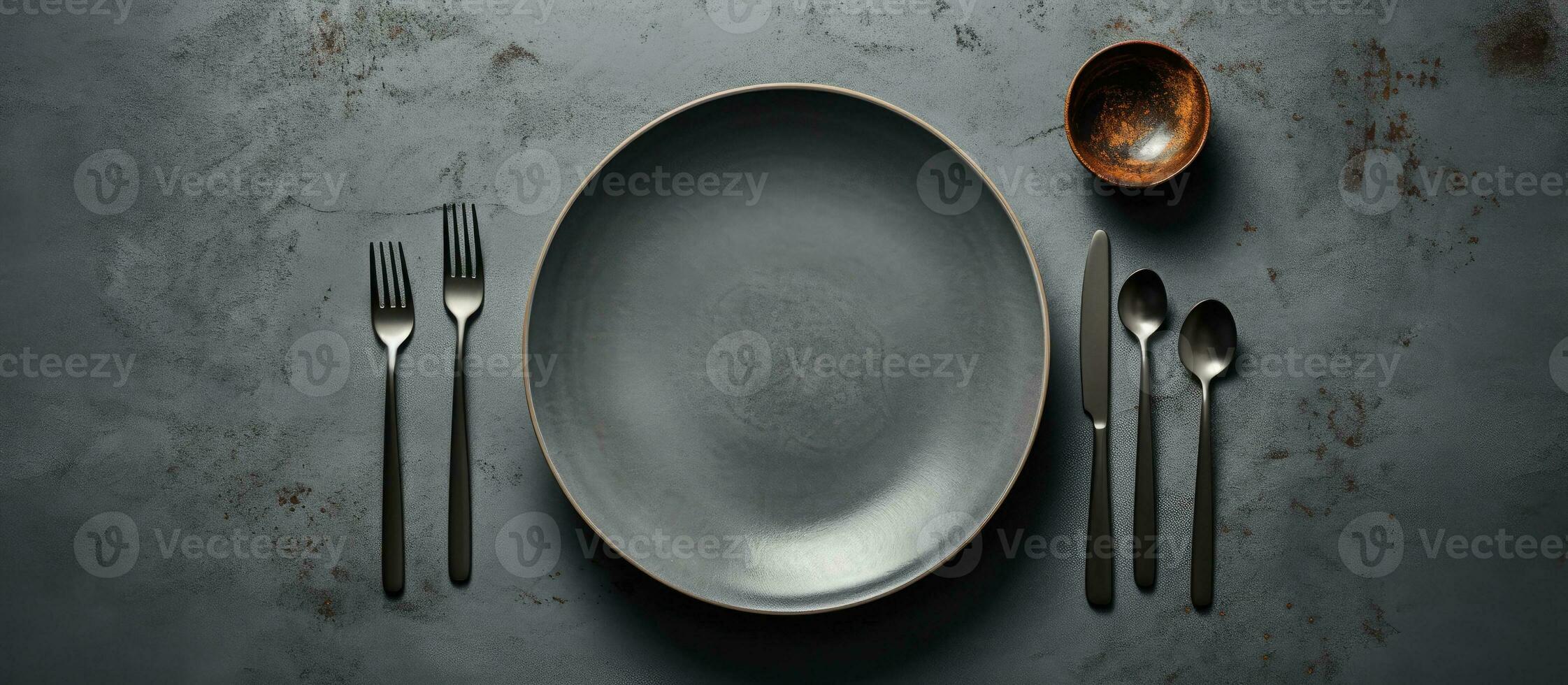 A gray table with no food but with cutlery on top when viewed from above. photo