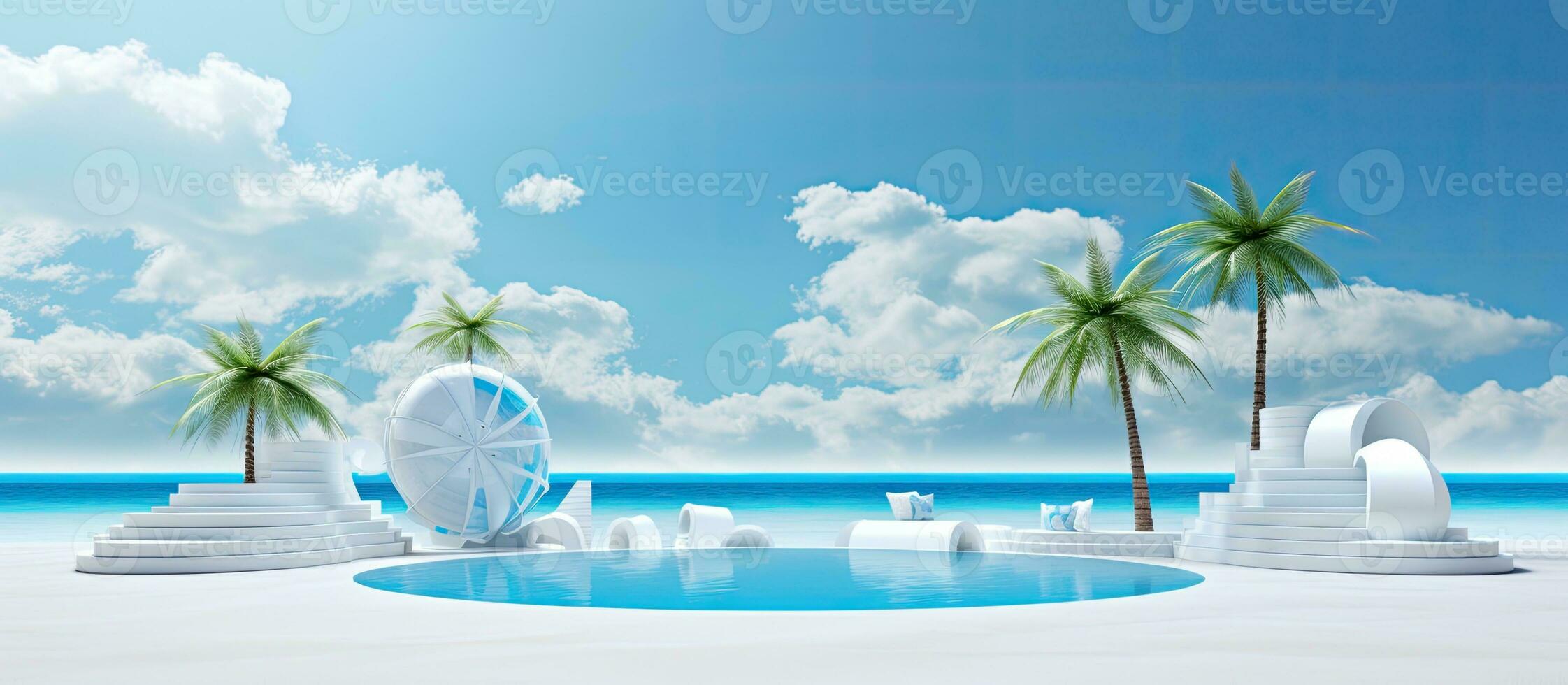 A 3D stage on a beach with a blue sky and white clouds in the background is available for displaying photo