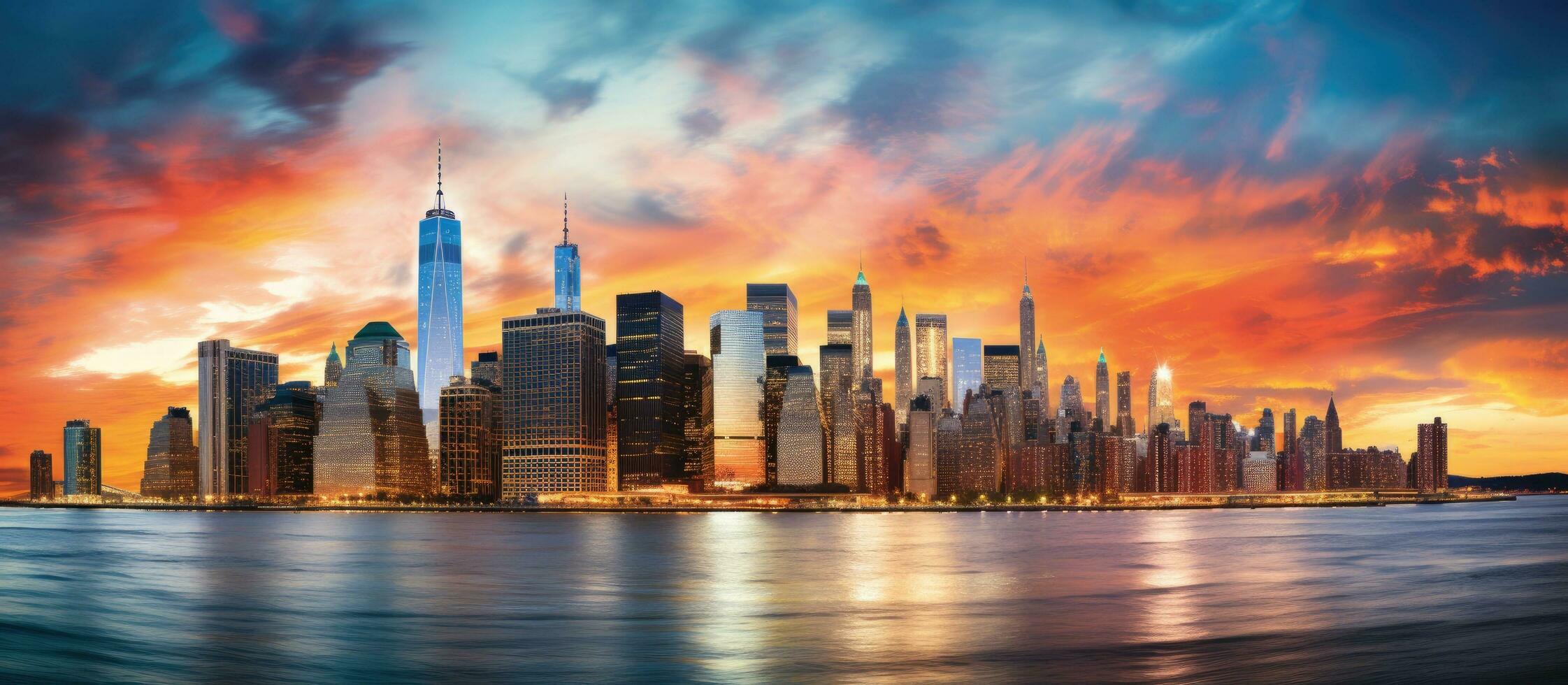 The Manhattan downtown skyline in New York City is illuminated with skyscrapers at sunset, creating photo