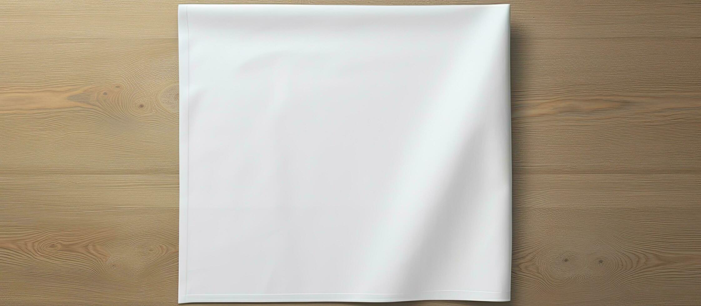 Top perspective of a white kitchen napkin isolated on a table background, with no objects present. photo