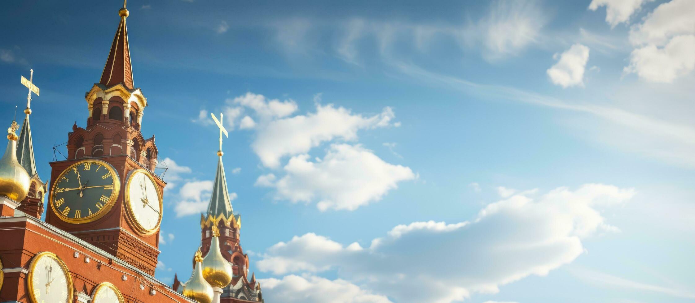 close-up view of clocks on the Spasskaya Tower of Moscow Kremlin on a summer morning. The blue photo