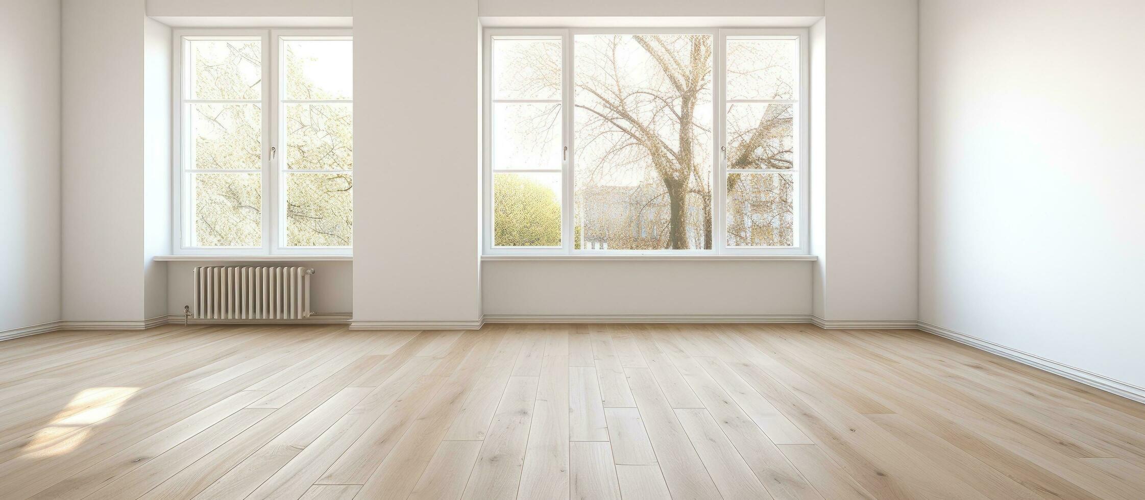 Empty Room After Renovation- There are two windows, white walls, and a wooden floor in the new photo