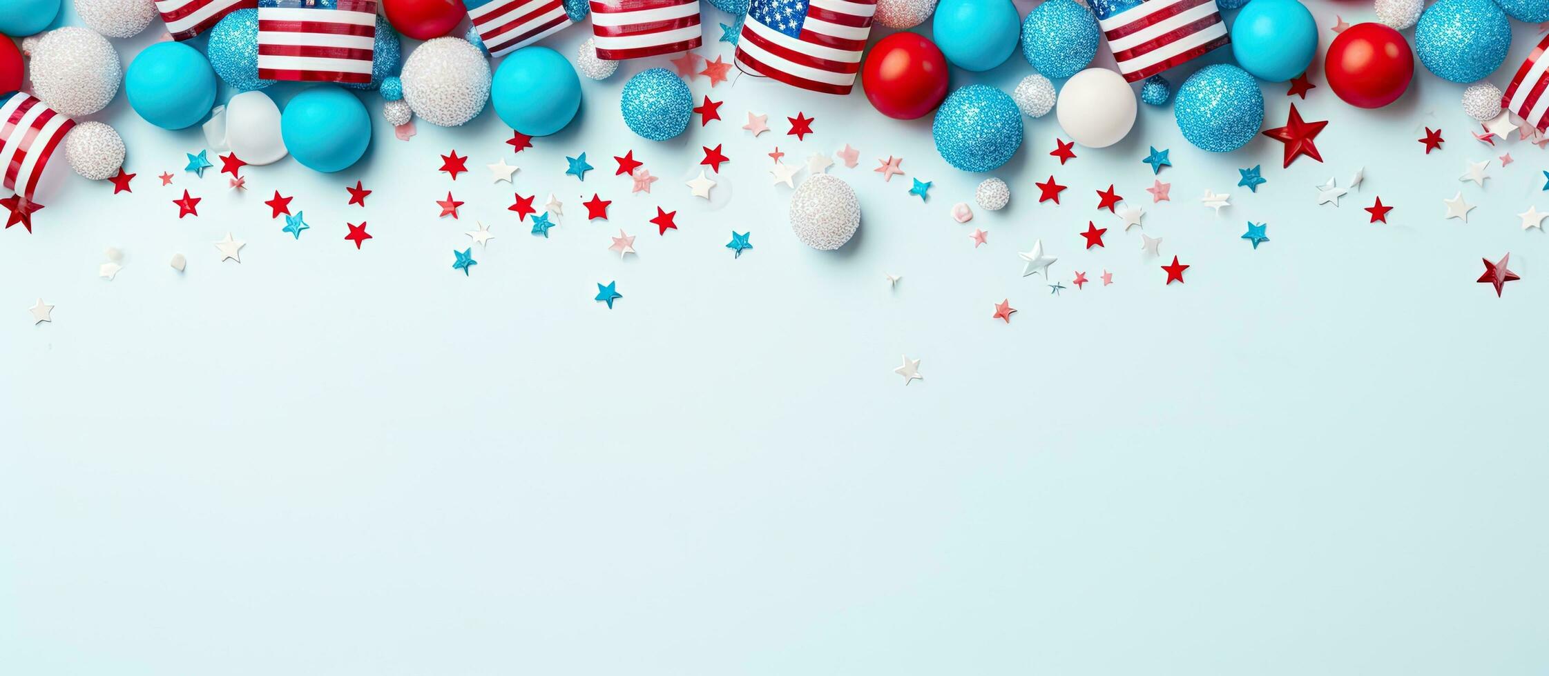American Independence Day decorations on a pastel blue background. is taken from a top-down photo