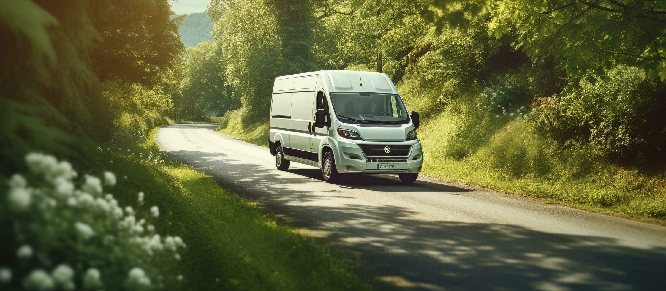 A white delivery van is driving on a countryside road during summertime, surrounded by green photo