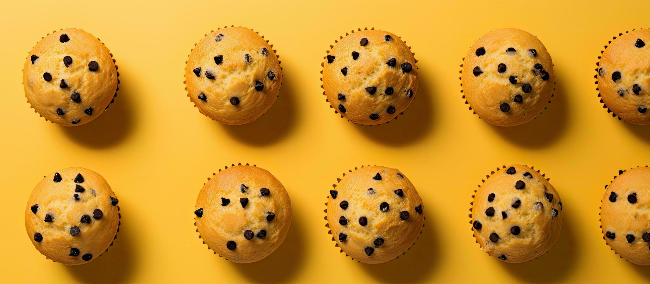 Top-down view of homemade muffins on a yellow background with empty space around them. photo