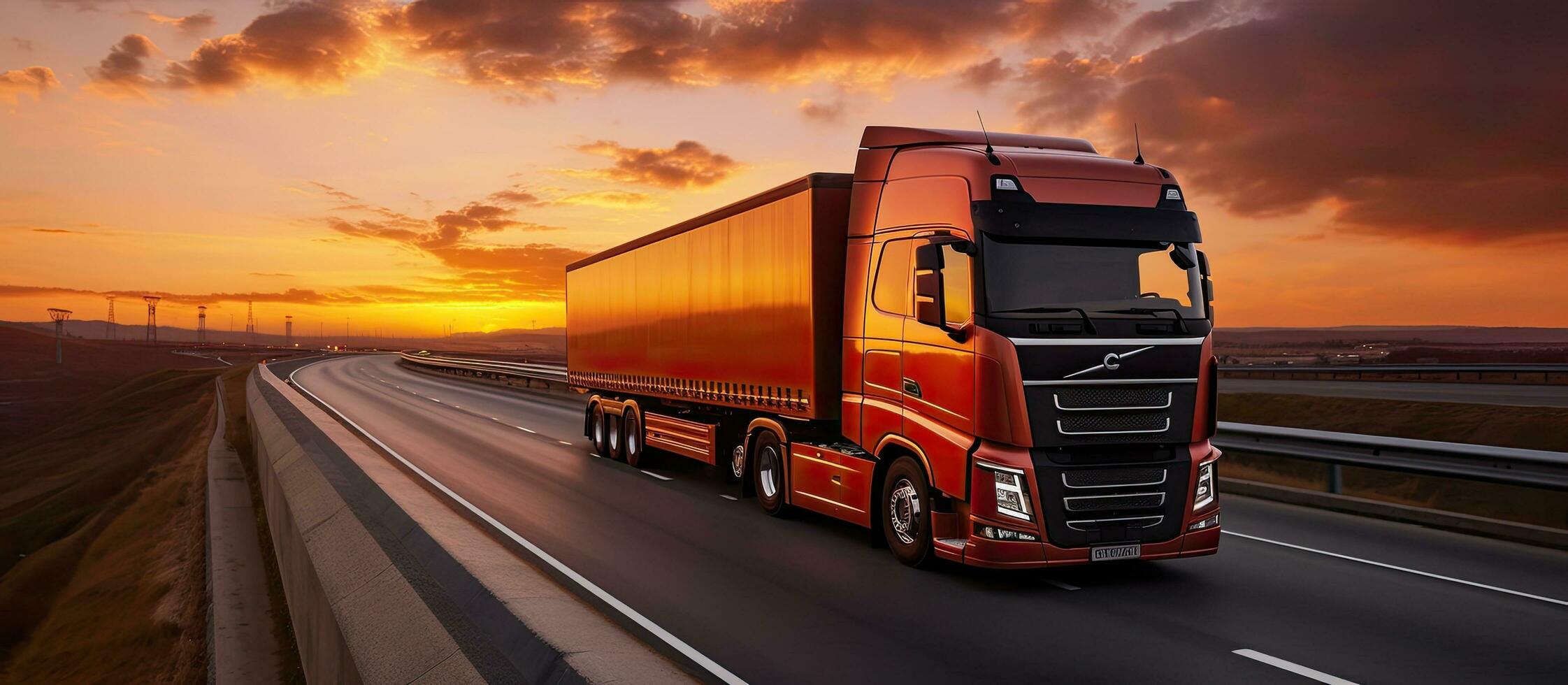 A truck with a trailer is driving on the motorway at night with an orange sunny sunset in the photo