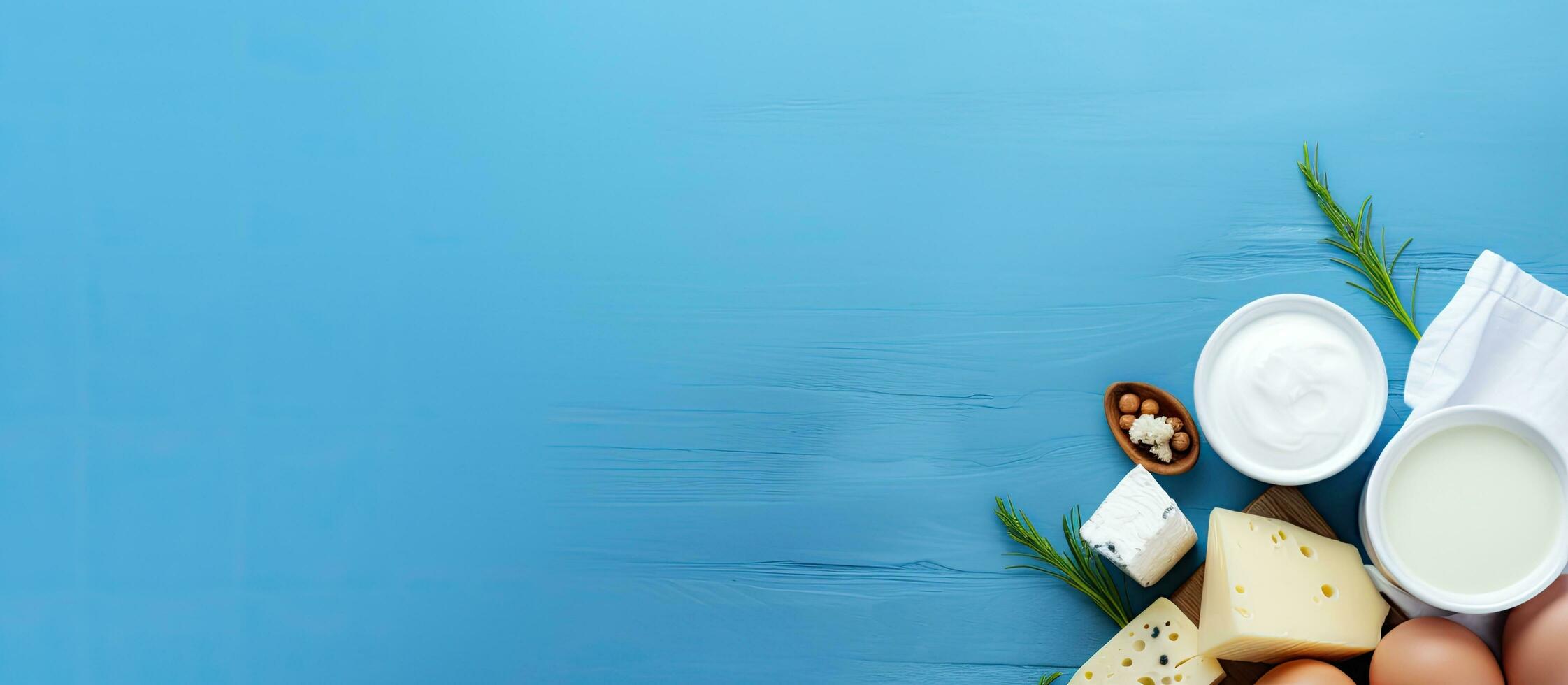 dairy products, including milk, cottage cheese, and eggs, placed on a blue background. The view photo