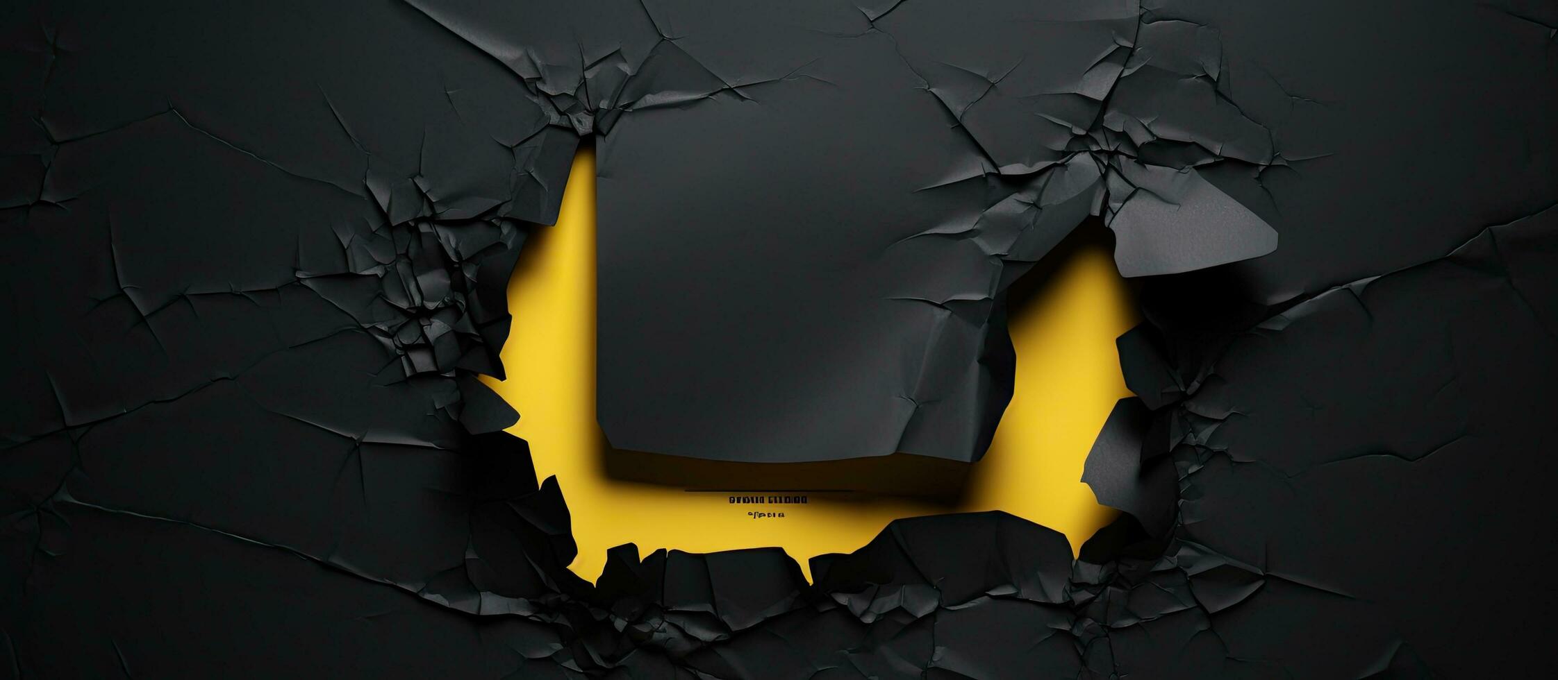 Black Friday, on a black background, is illustrated by a yellow paper with a ripped hole, representing photo