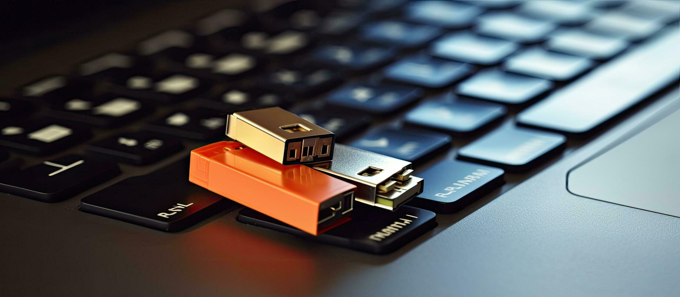 A small USB flash drive is placed next to a pile of old file folders or ring binders, representing photo