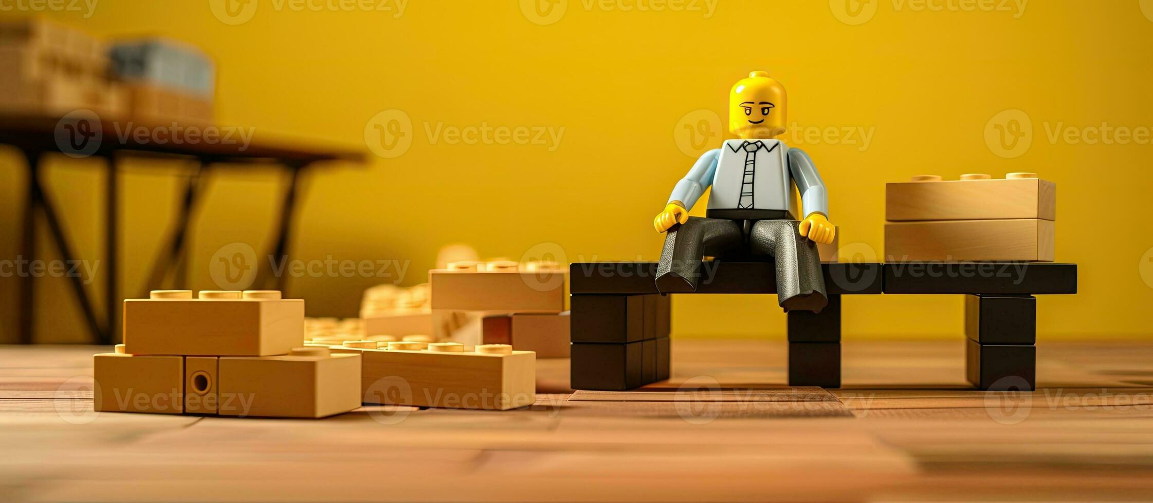 Resting from work is symbolized by brick blocks on a beautiful wooden table with a yellow background. photo