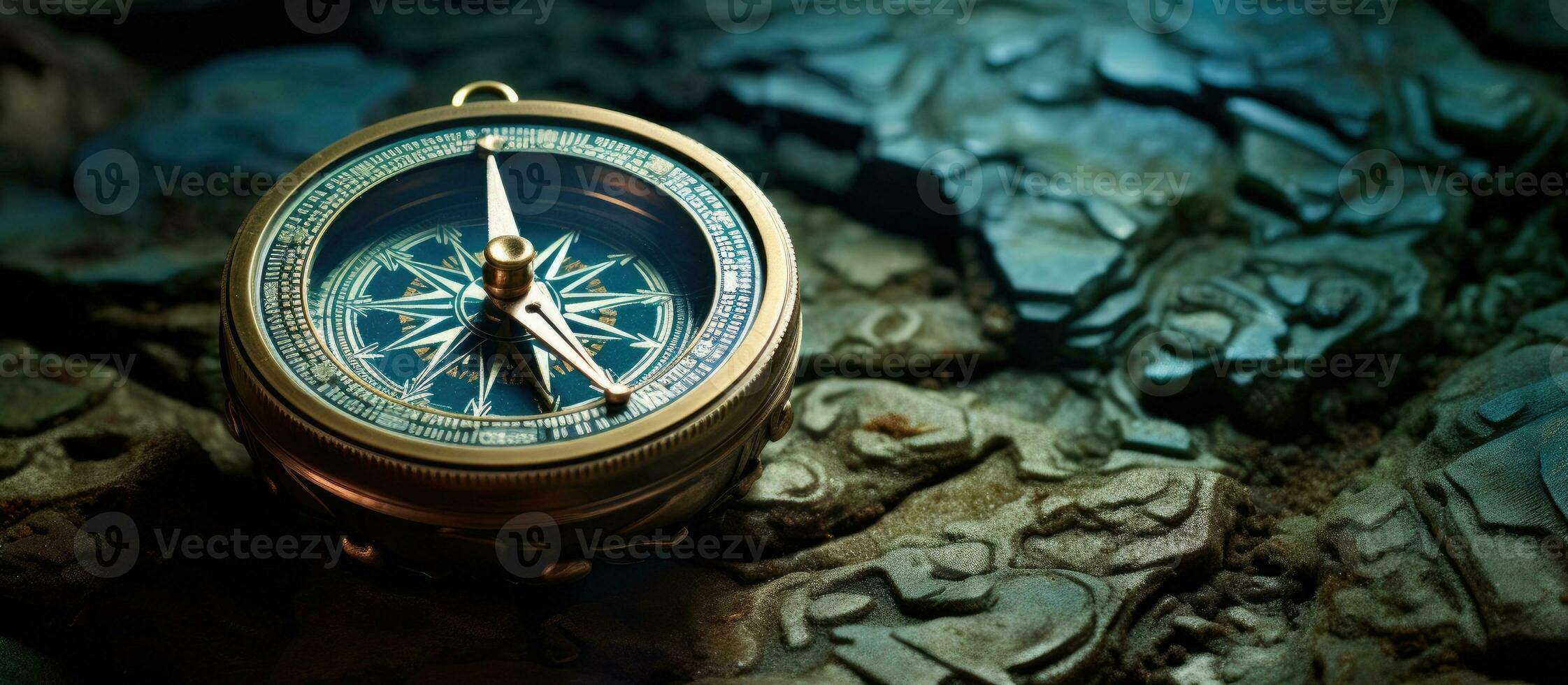 Old compass placed on a stone floor background with room for copy. photo