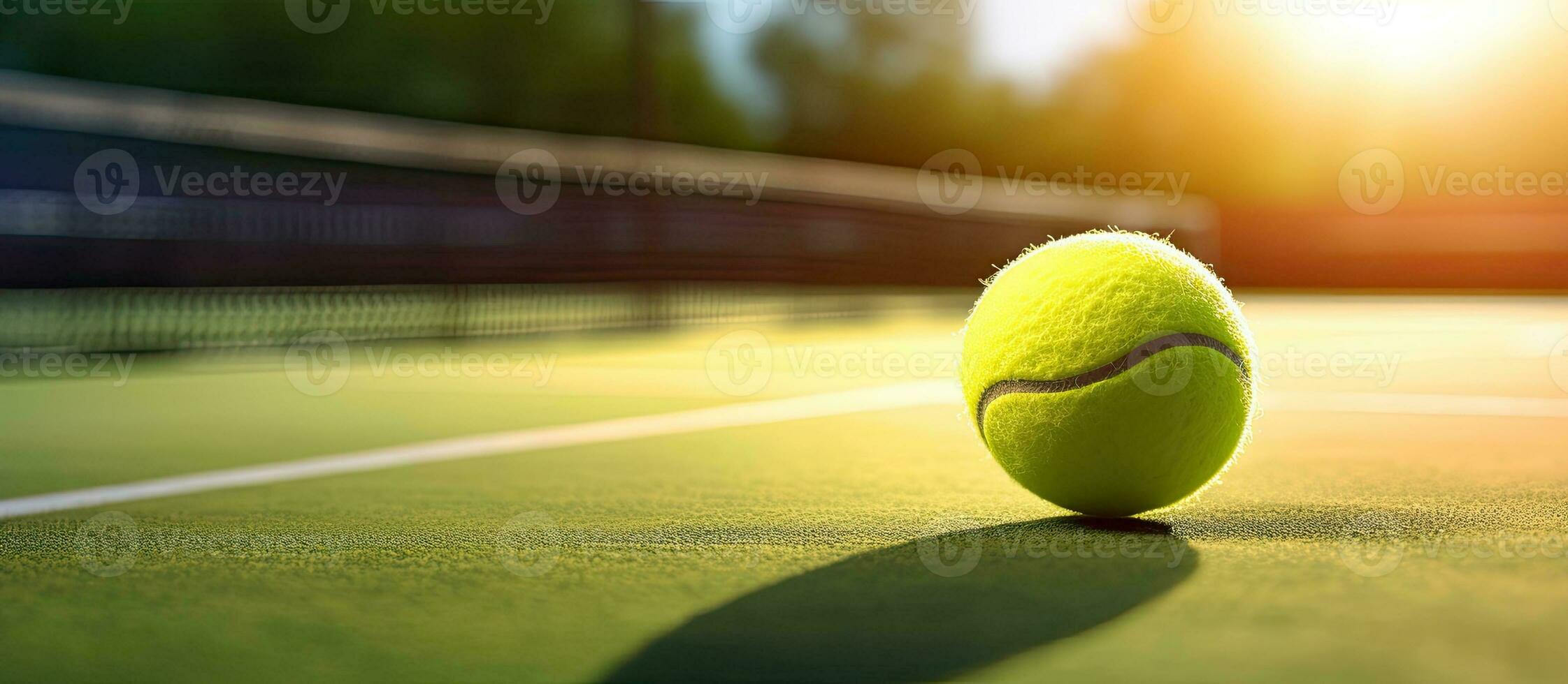 Close Up Of Tennis Ball Lying On Tennis Court On Sunny Day, Copy Space photo