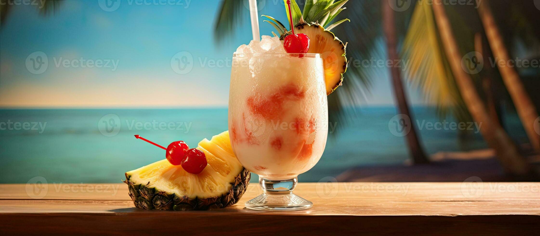 A tropical Pina Colada drink, with or without alcohol, served in a Tiki  glass decorated with 27101283 Stock Photo at Vecteezy