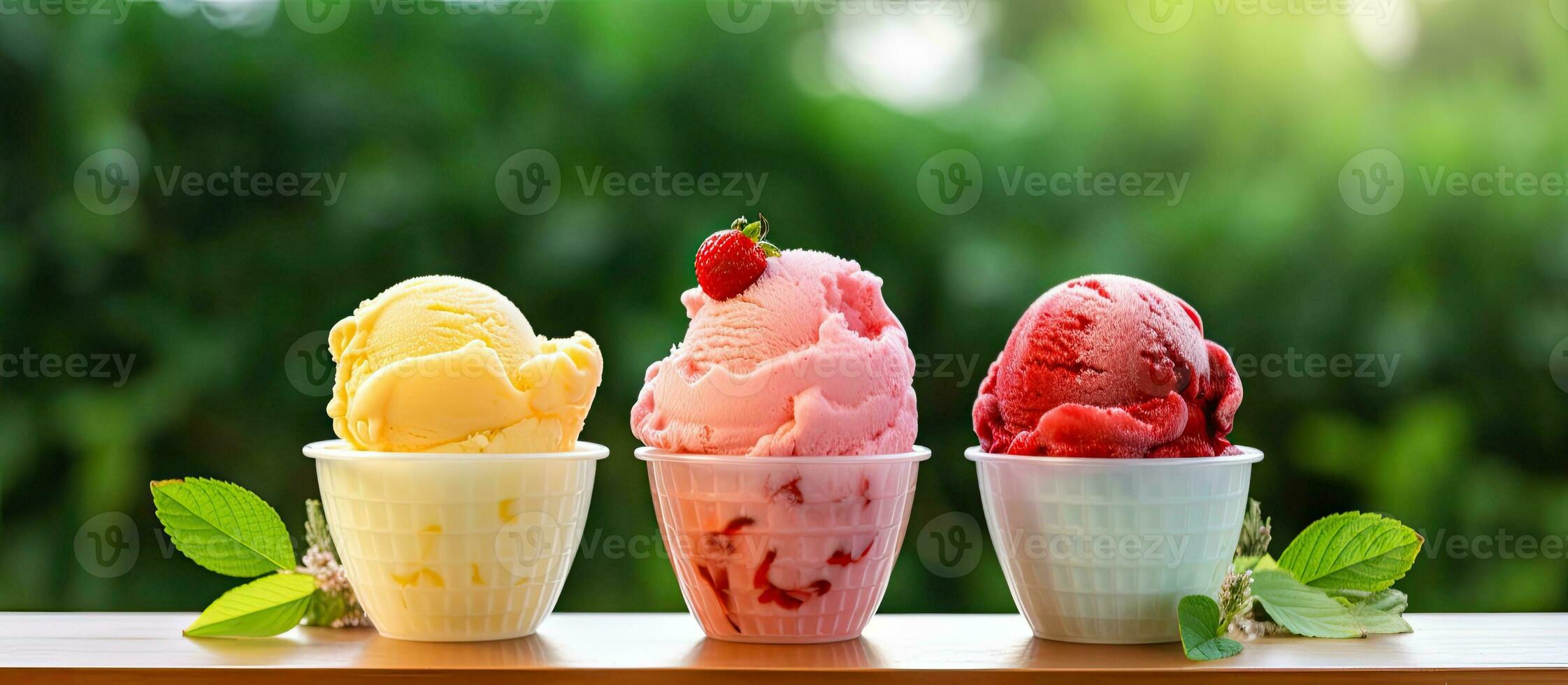 There are three different flavors of ice cream, placed on a metal stand on an outdoor table photo