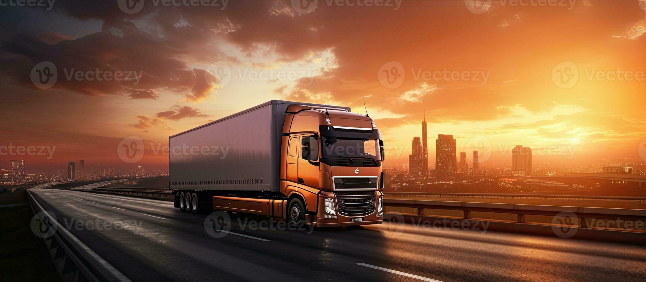 A truck with a trailer is driving on the motorway at night with an orange sunny sunset in the photo