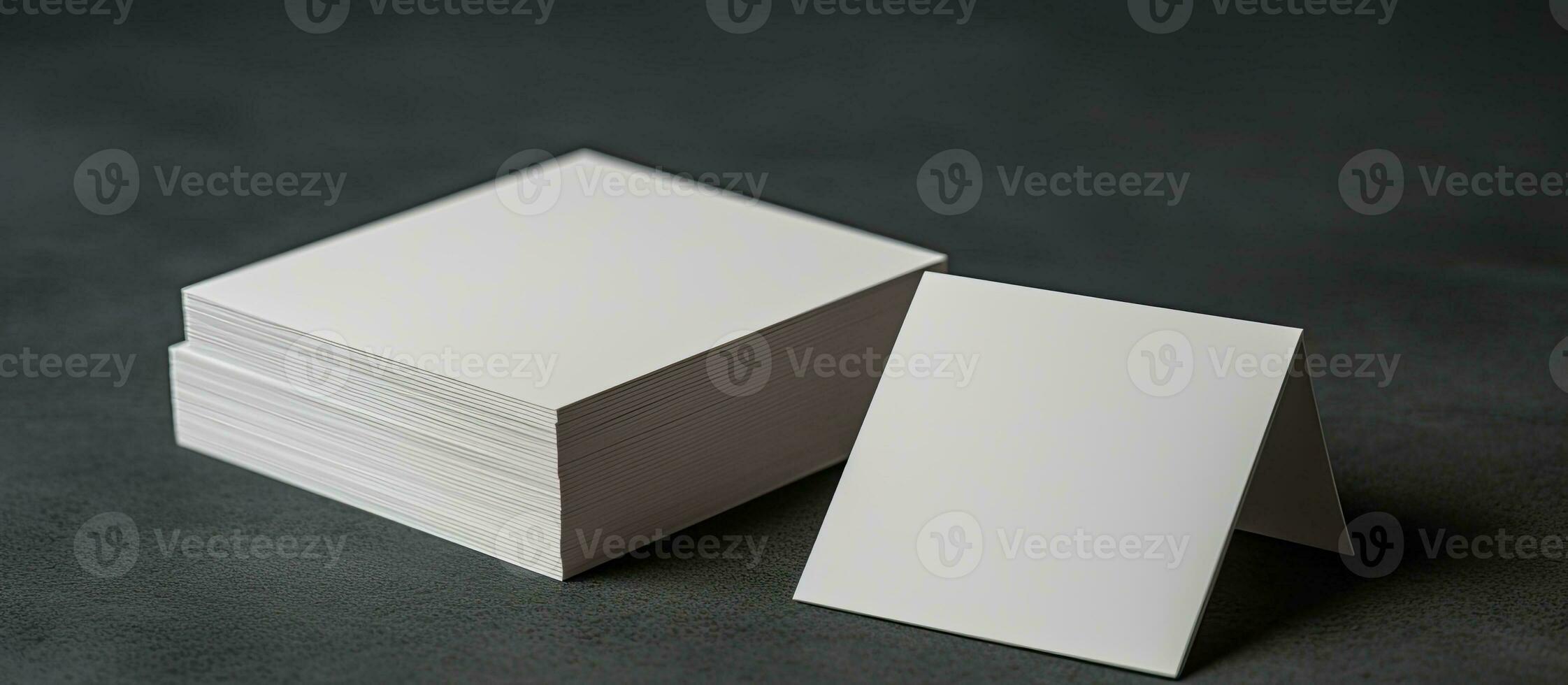 White business cards placed on a grey background with blank space. Represents business, business photo