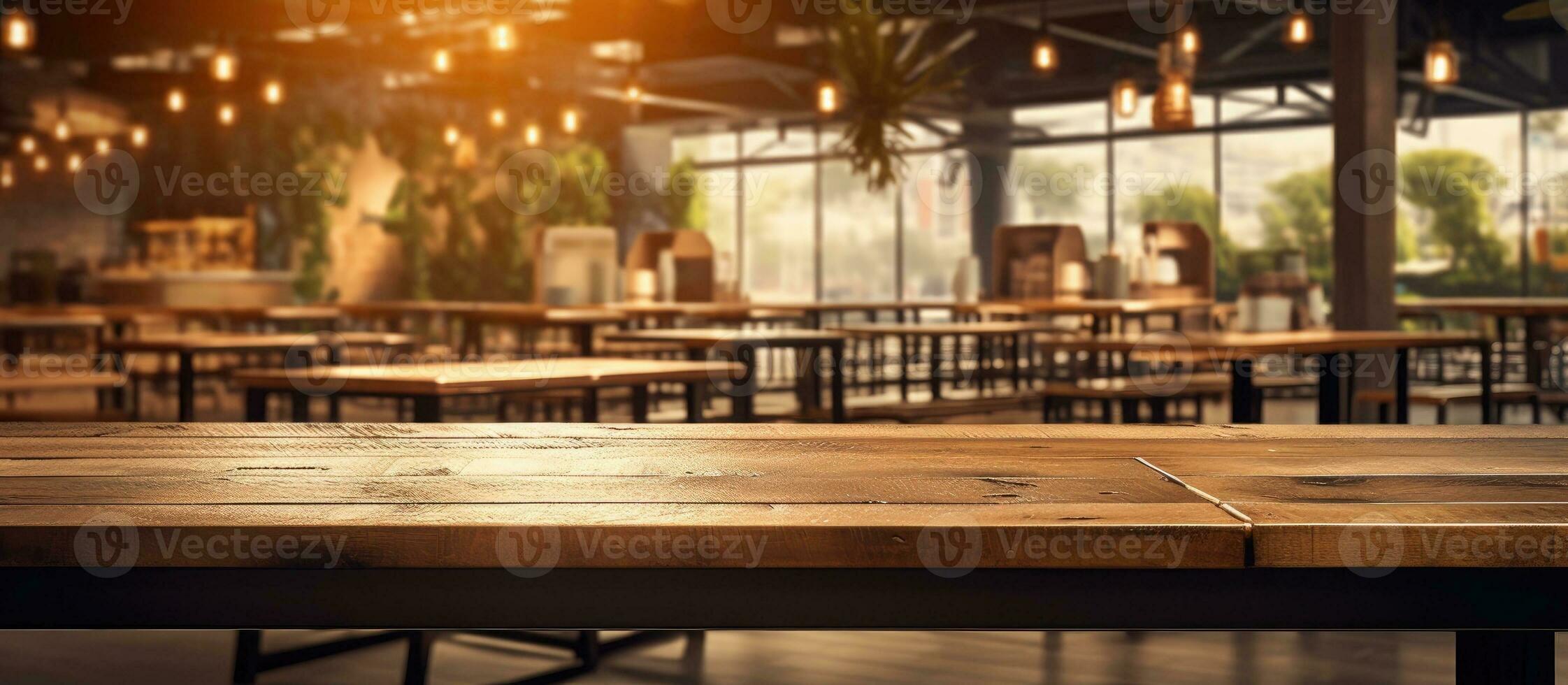 Background Image Of Empty Food Court Interior With Wooden Tables And Warm Cozy Light Setting, photo