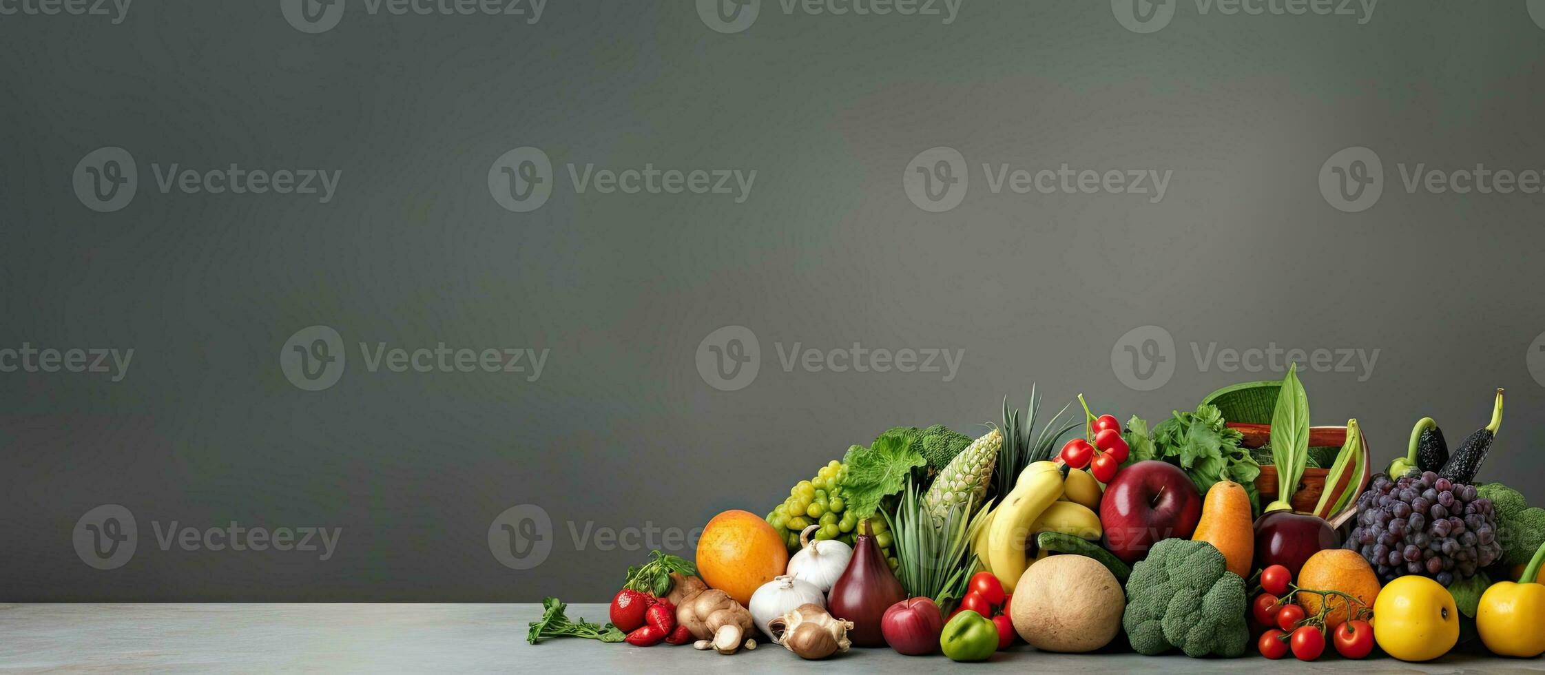 A food concept represented by a display of fresh fruits and vegetables on a gray background, photo