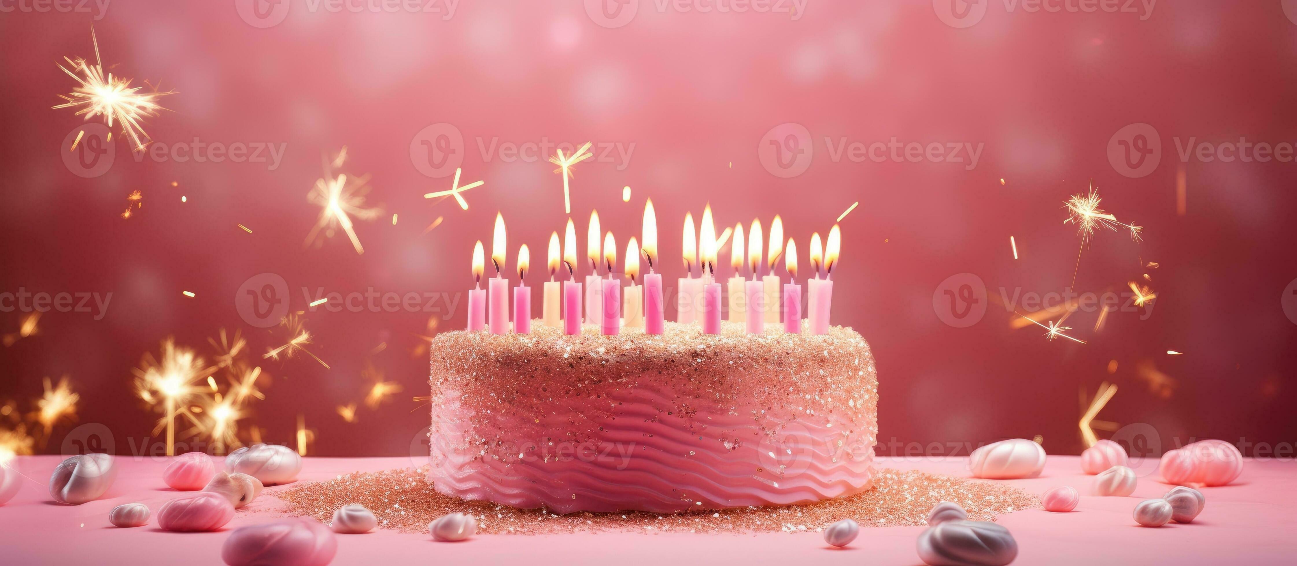 ai generado rosado cumpleaños pastel con oro velas y bengalas celebrar  35845315 Foto de stock en Vecteezy