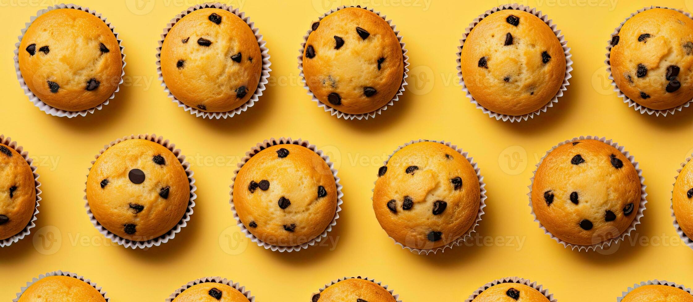 Top-down view of homemade muffins on a yellow background with empty space around them. photo