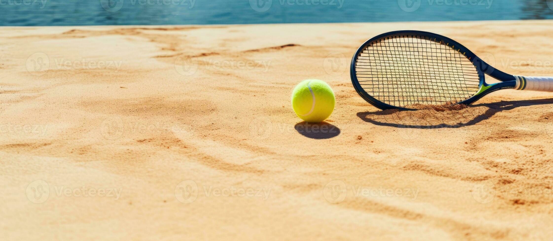 A banner featuring a tennis yellow ball with a tennis racket shadow on a sand beach. Represents photo