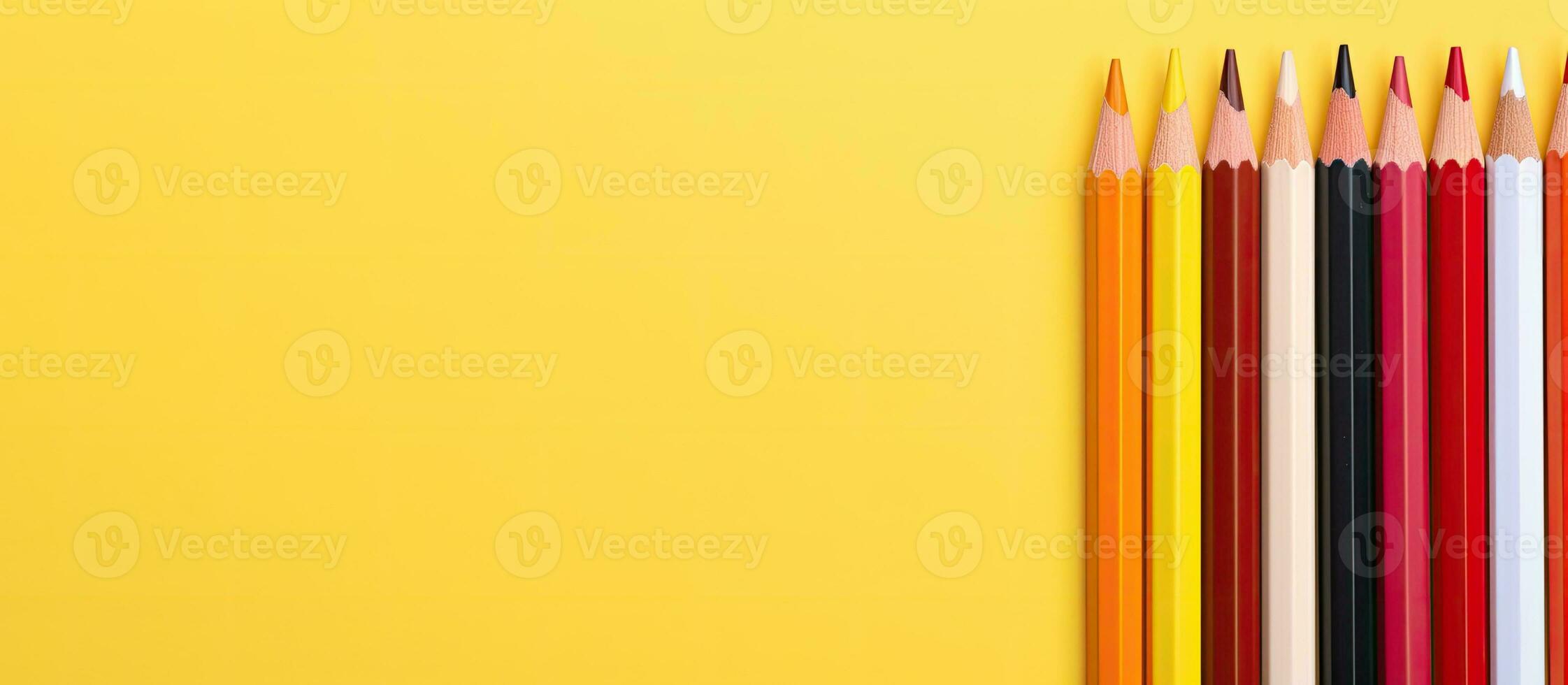 Top view of colored pencils on a light yellow background. Copy space and space for text. photo