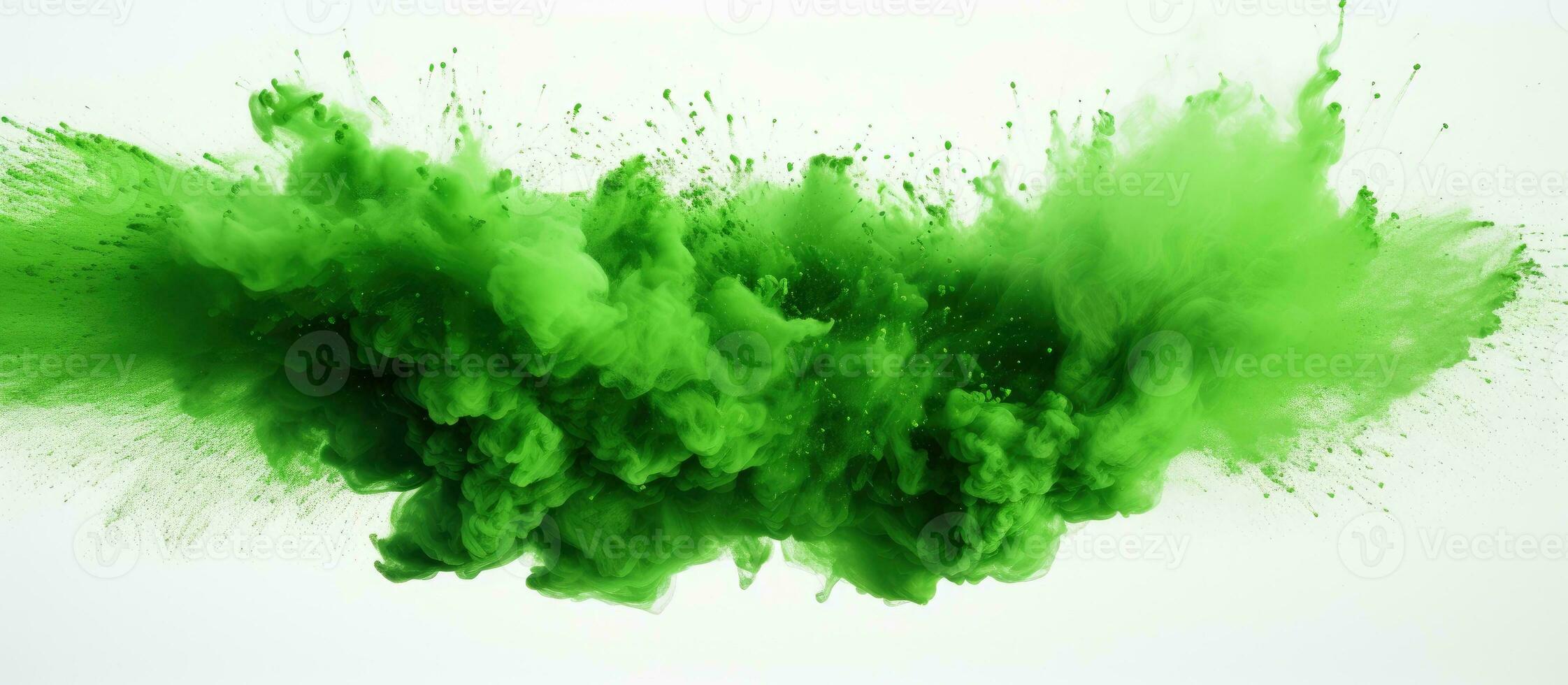 Green powder or dust explosion in a square border on a white backdrop, available space for use. photo