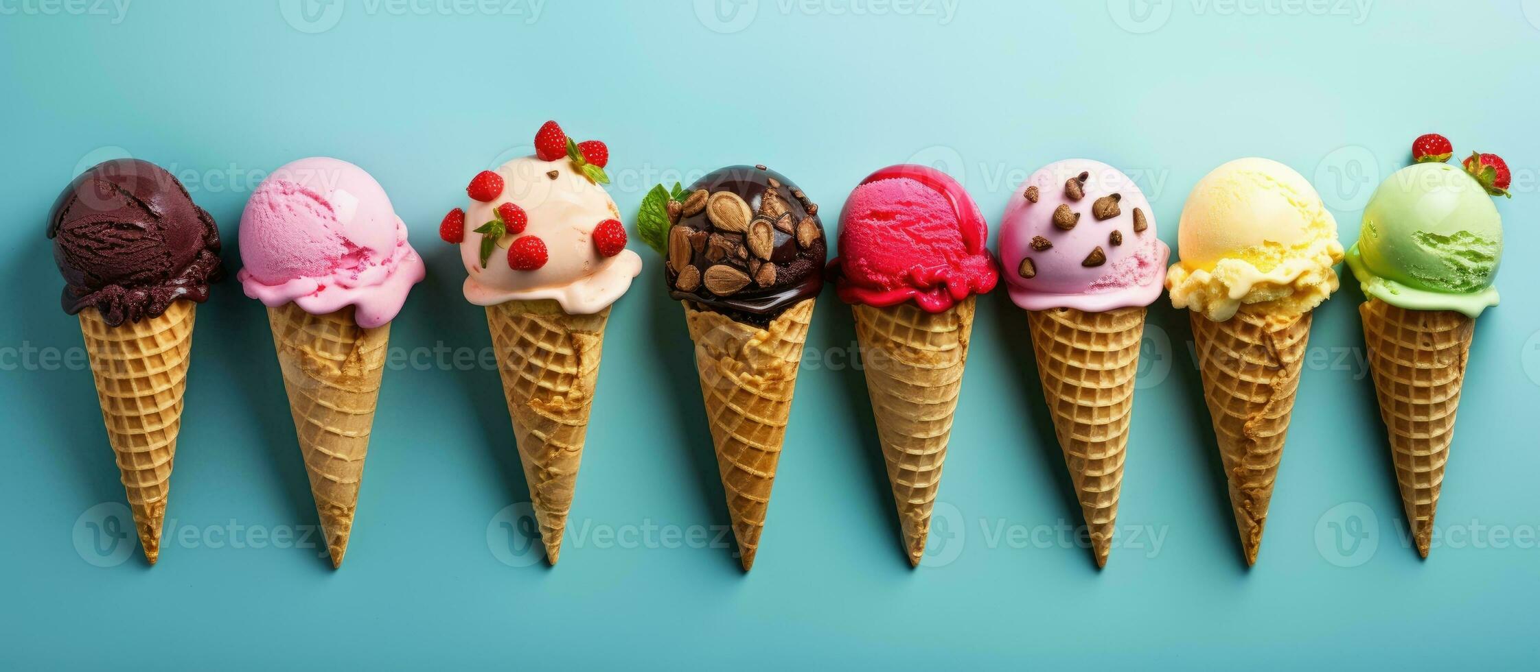 Top view of colorful ice cream scoops in cones with copy space on a blue background. The ice photo