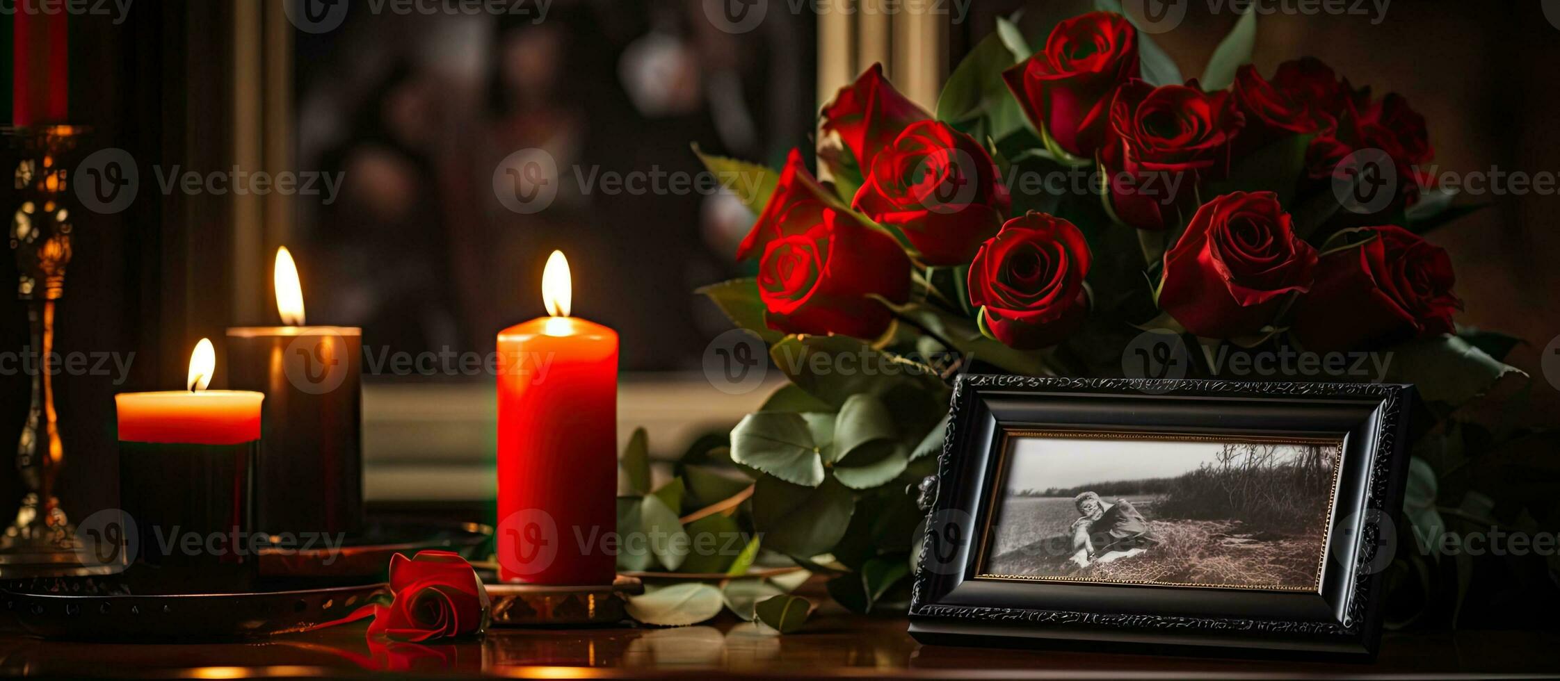 A funeral home table is adorned with a black photo frame containing burning candles and a red