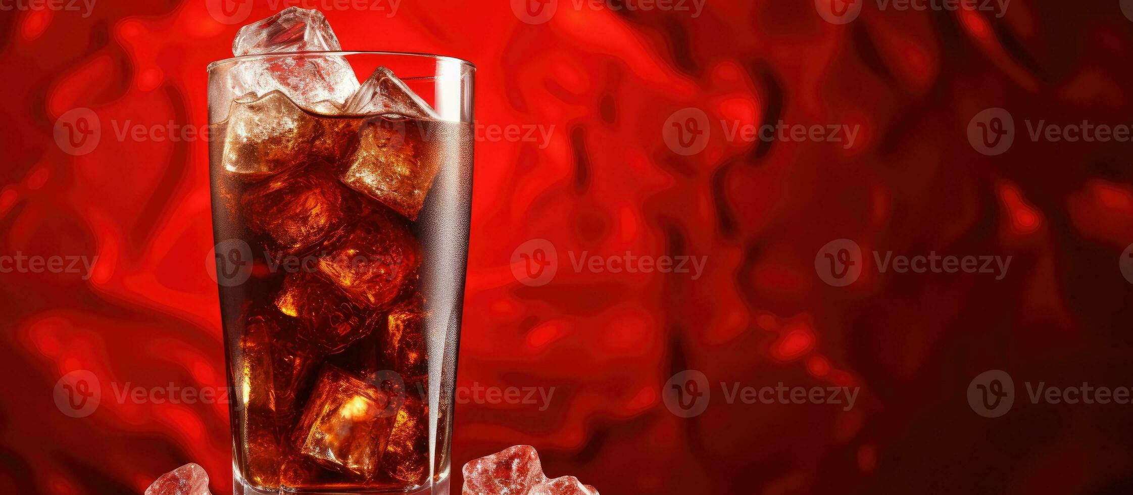 A glass of cola with ice, against a red background, provides a refreshing beverage option. With photo
